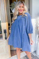 Barney Denim Round Neck 3/4 Sleeve Dress - Be You Boutique