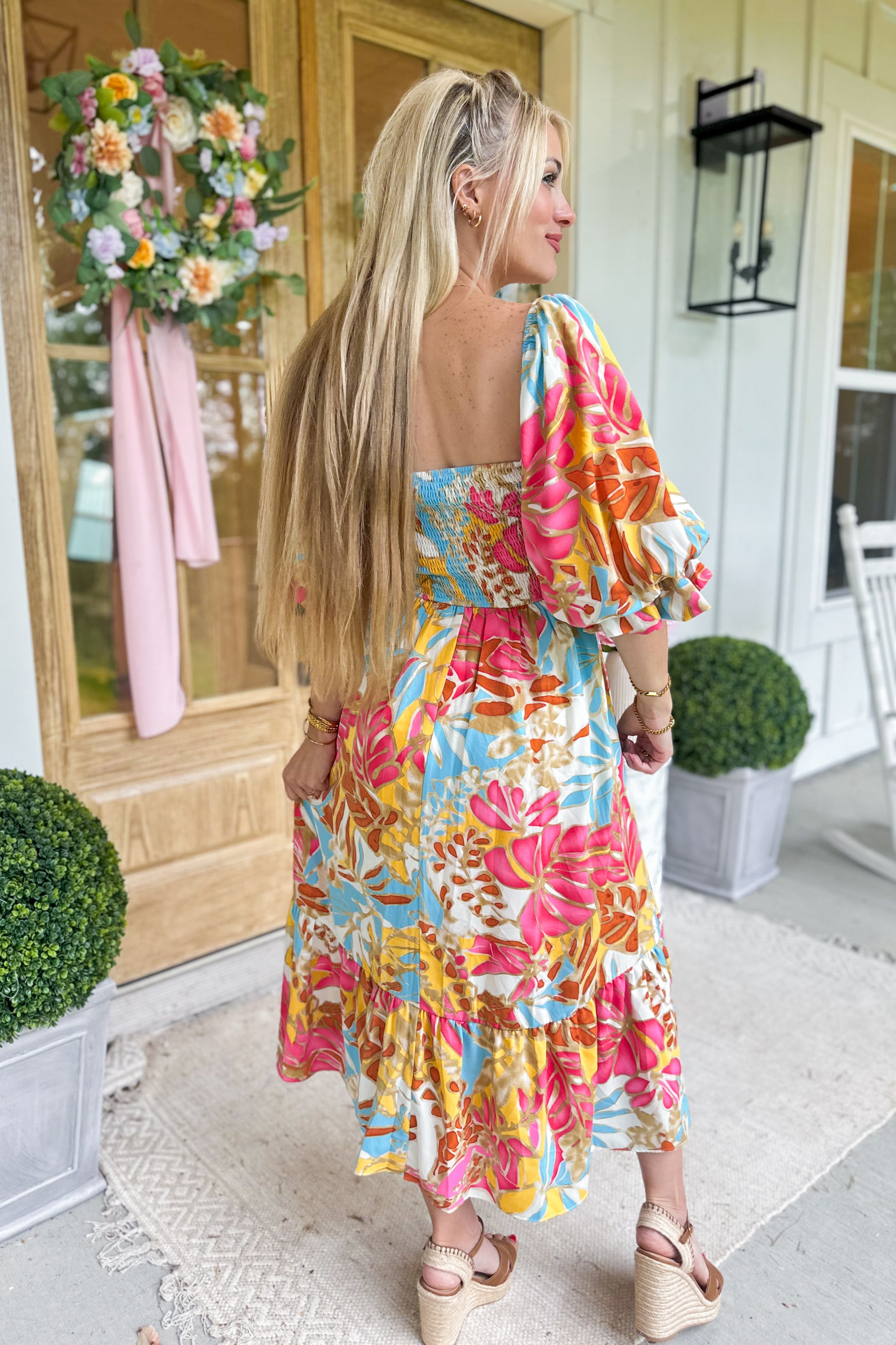 Adelaide Square Neck Half Puff Sleeve Tropical Midi Dress - Be You Boutique