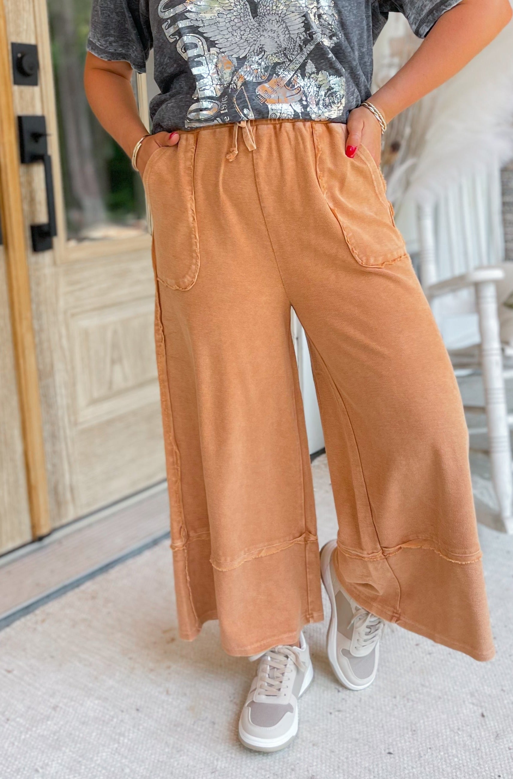 Caris Mineral Washed Upside Down Terry Knit Wide Leg Palazzo Pants - Be You Boutique