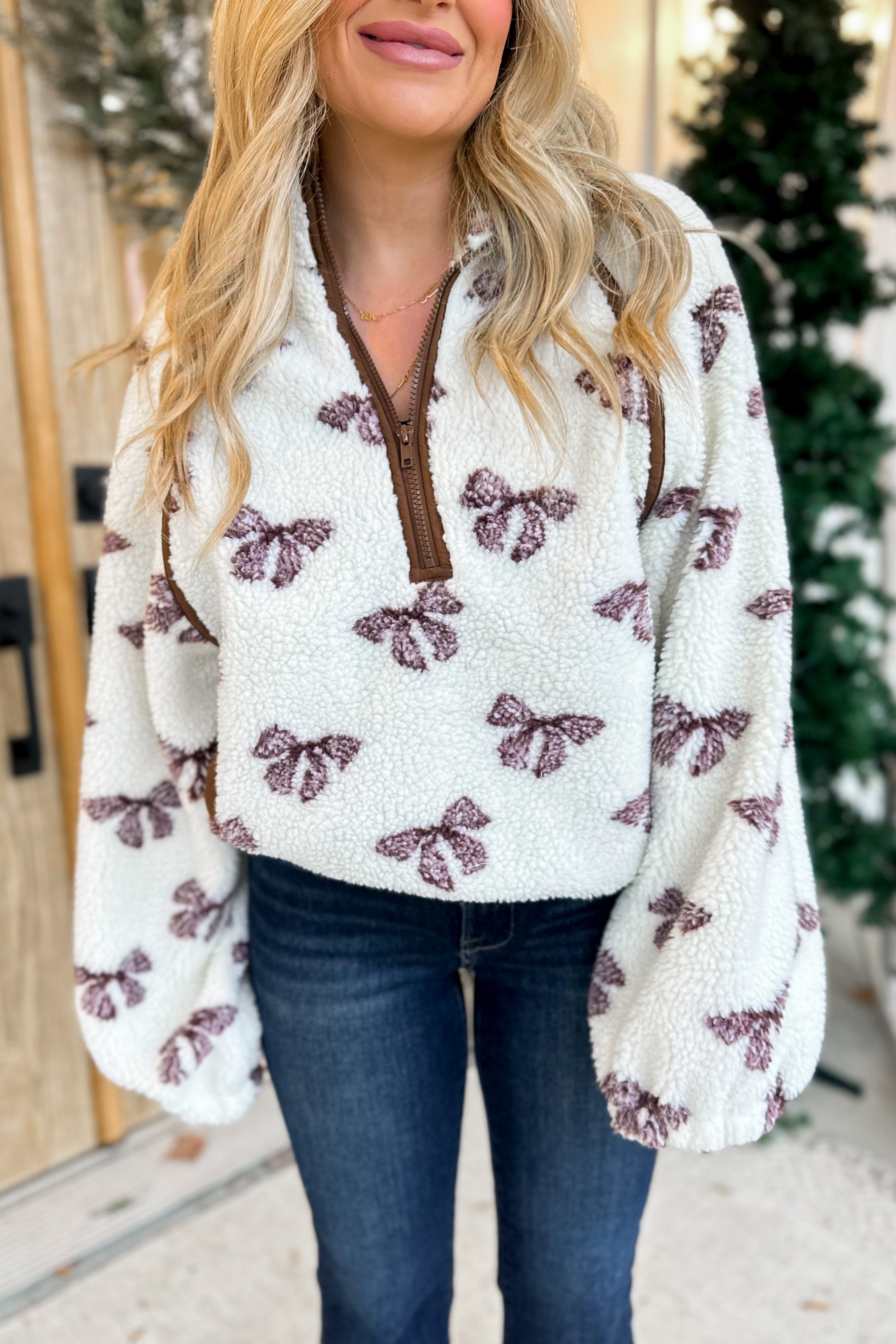 Michelle Bow Print Half Zip Fleece - Be You Boutique