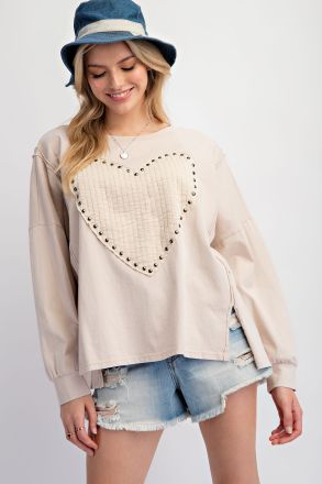 Ellie Long Sleeve Heart Patch Washed Terry Pullover - Be You Boutique