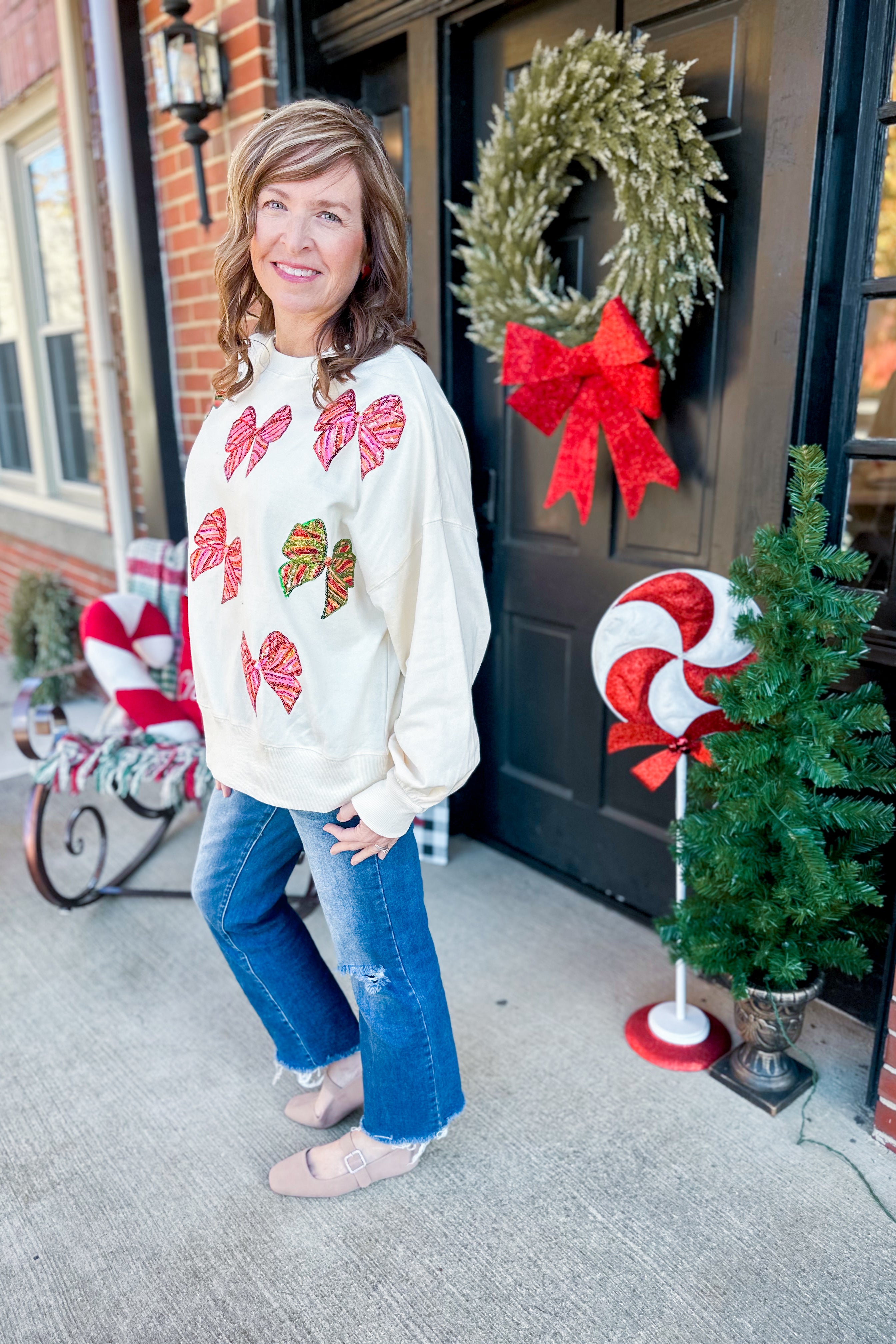 Christmas Sequin Bow Embroidered Oversize Sweatshirt - Be You Boutique