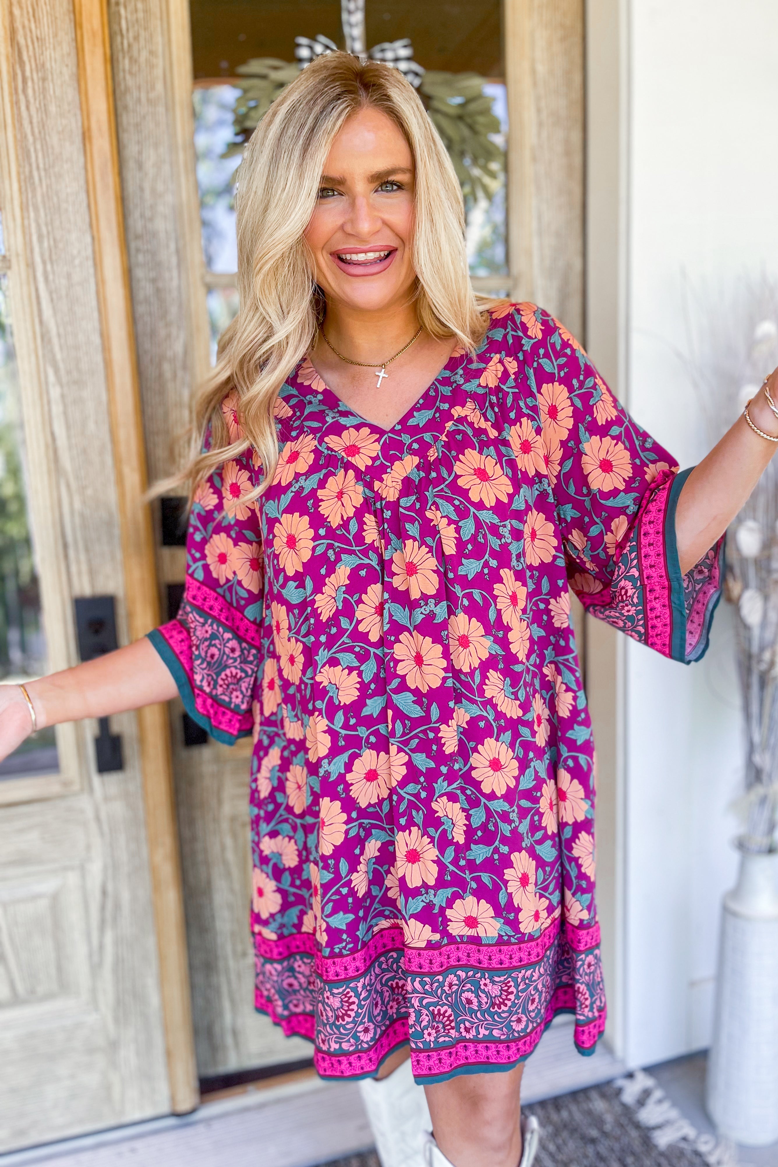 Erin 3/4 Sleeve Border Print Challis V Neck Dress - Be You Boutique