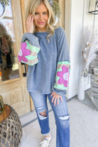 Walden Flower Patch Terry Knit Washed Long Sleeve Pullover - Be You Boutique