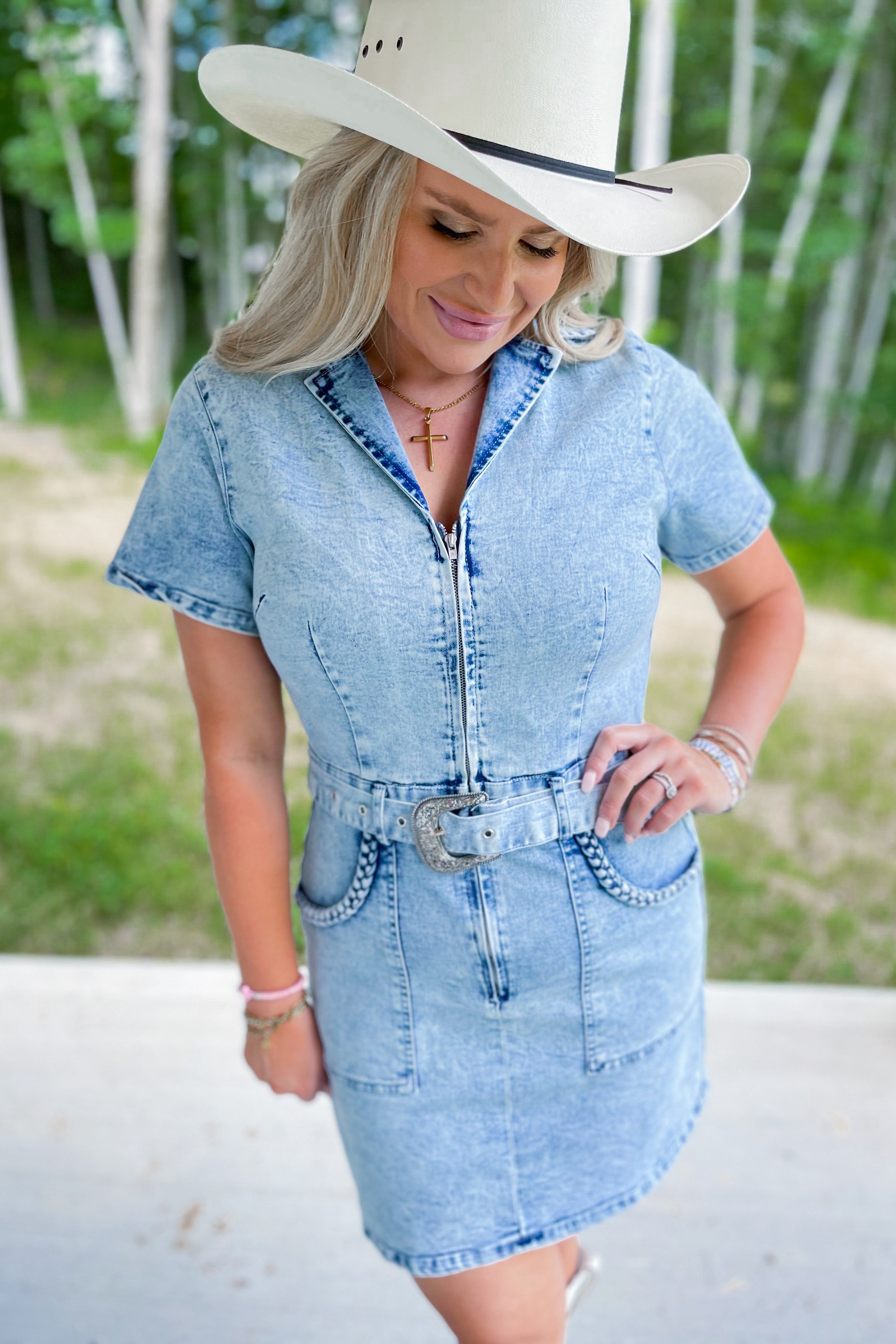 Lucille Denim V Neck Short Sleeve Collared Dress - Be You Boutique