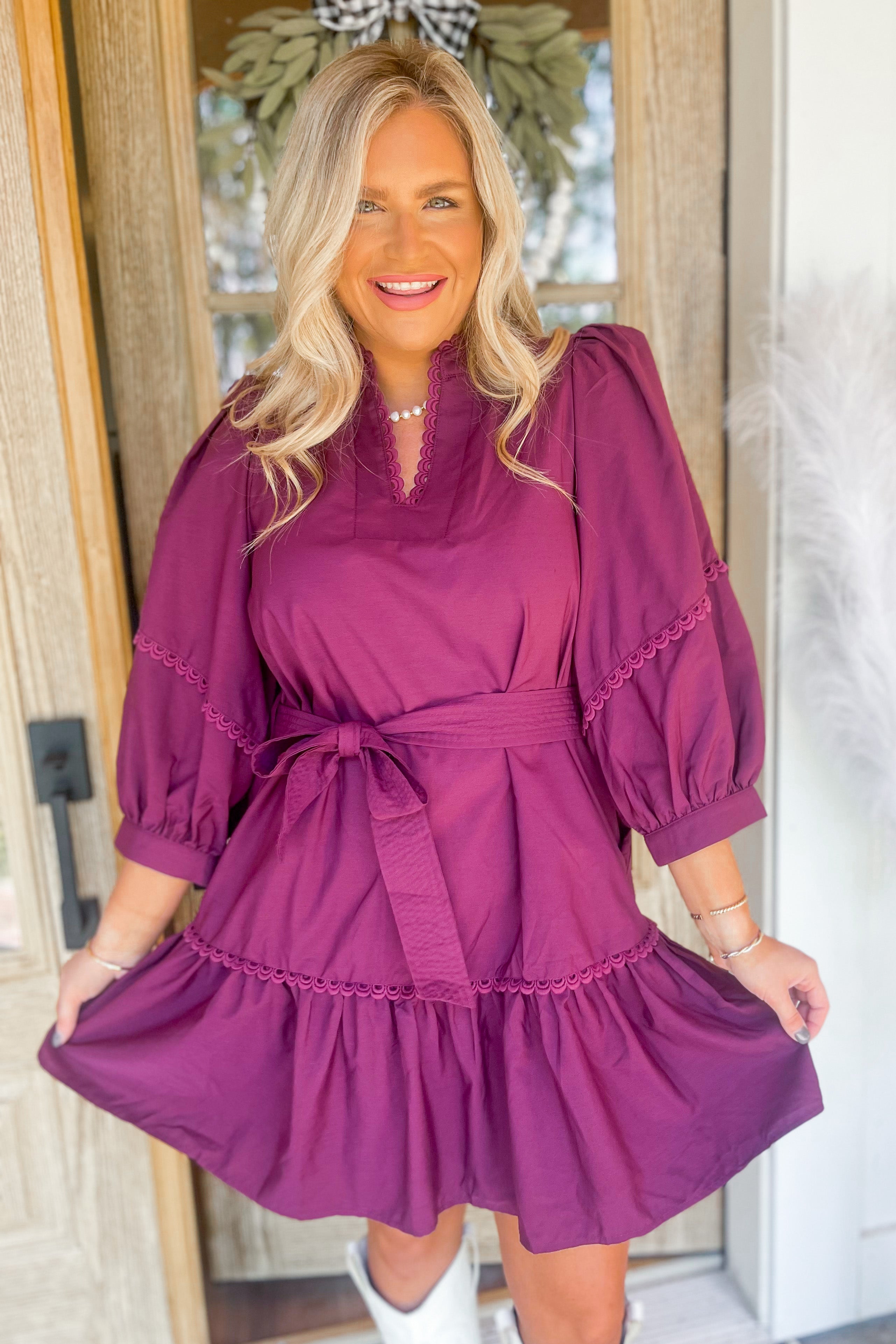 Missy V Neck 3/4 Sleeve Scallop Trim Dress - Be You Boutique