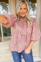 Jessica Floral Print 3/4 Sleeve V Neck Bow Detail Top - Be You Boutique