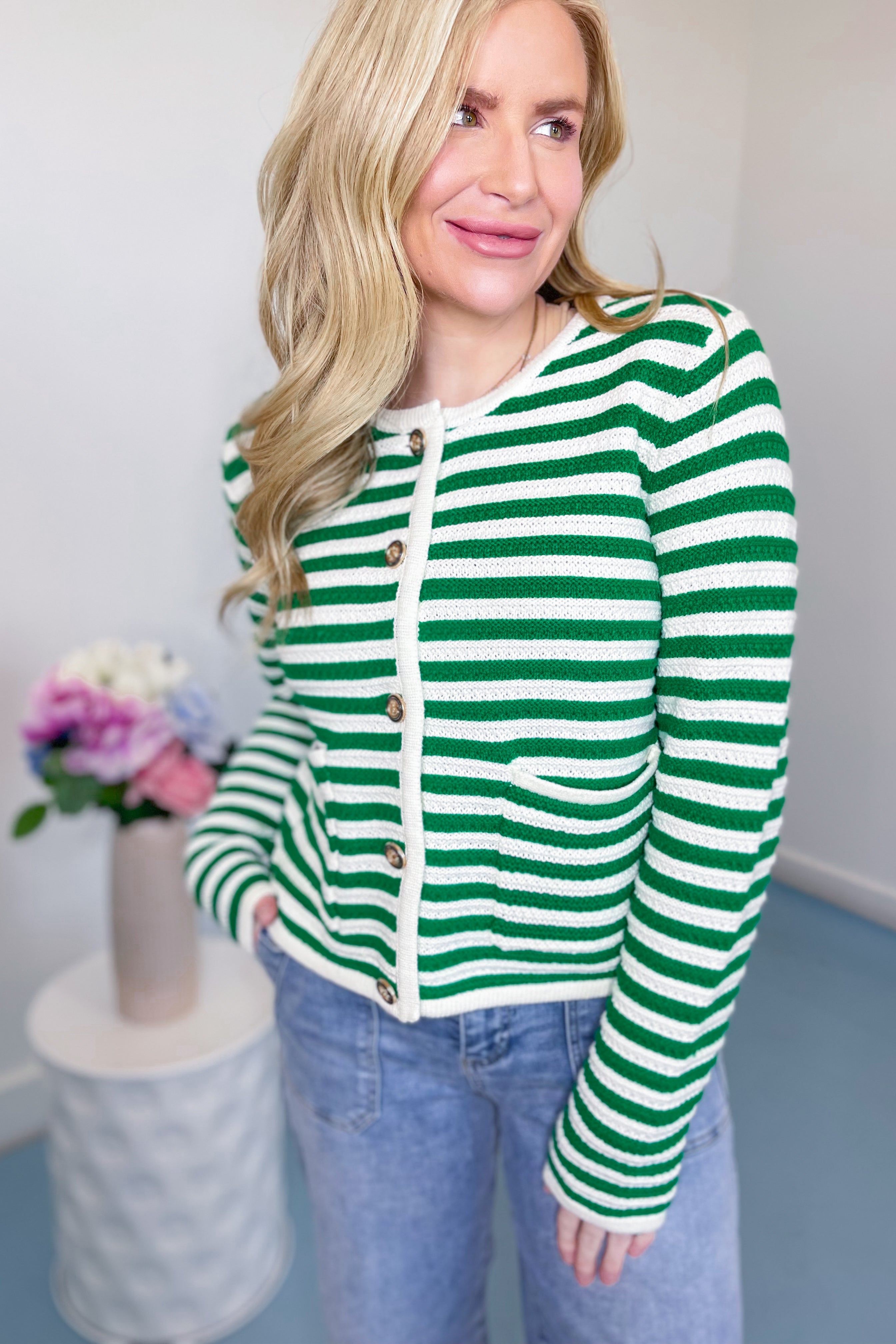 Catrina Striped Button Sweater Cardigan Top - Be You Boutique