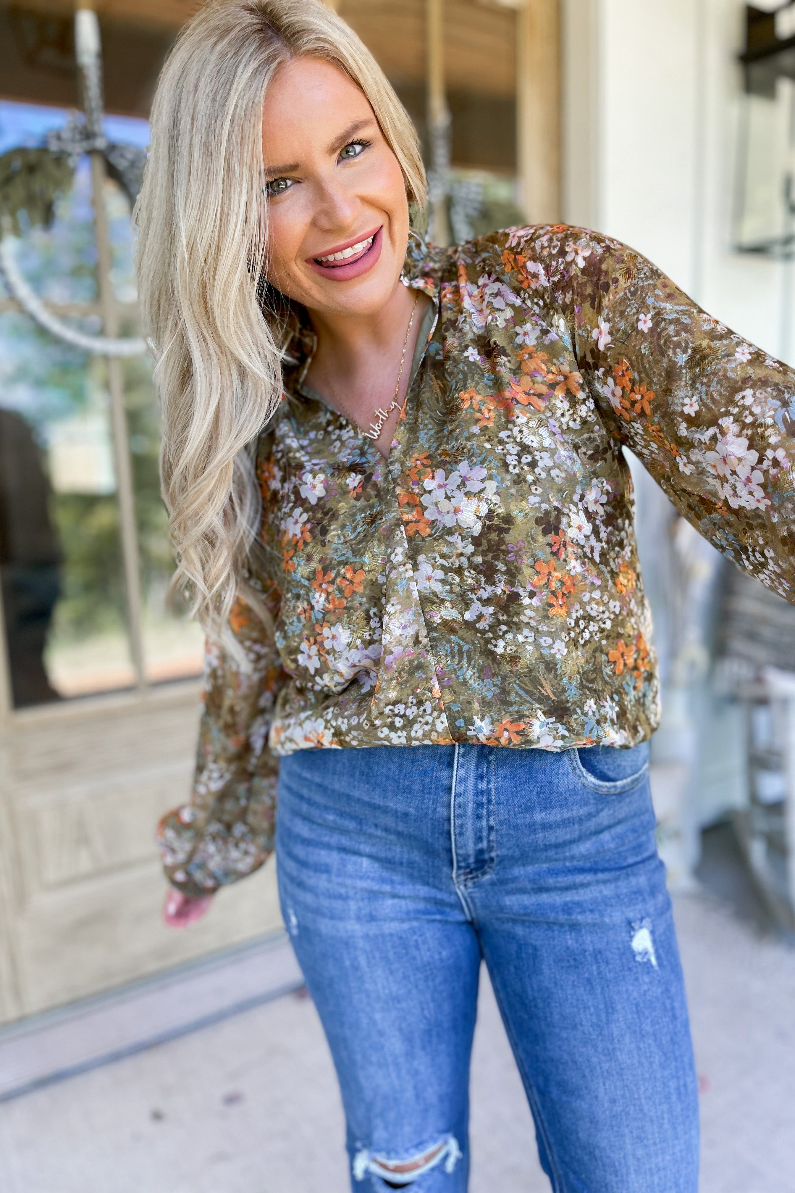 Peggy Floral Long Sleeve Mock Neck Blouse Top - Be You Boutique