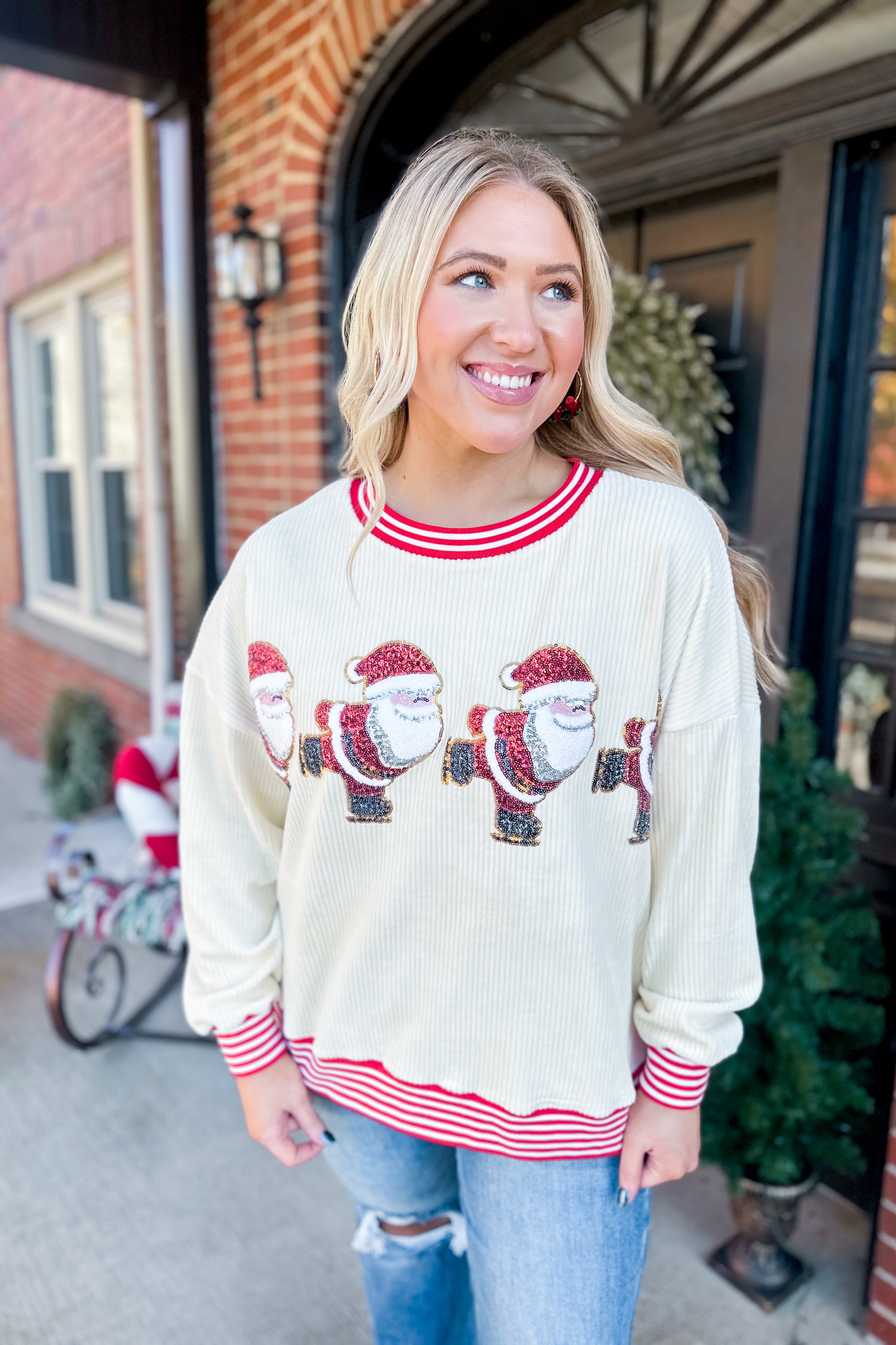 Holiday Santa Knit Corduroy and Sweater Sequin Detail Top - Be You Boutique