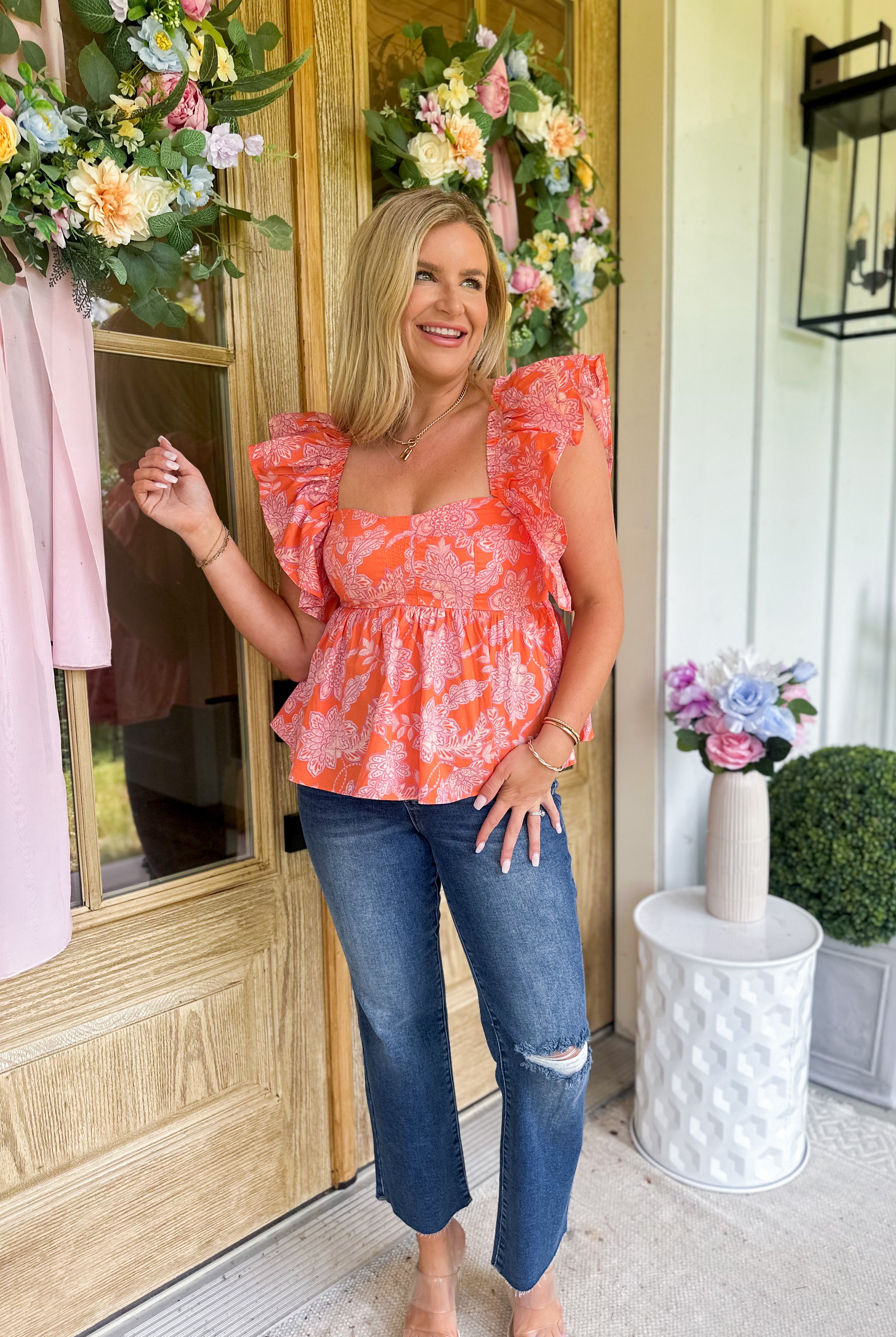 Arianna Orange Floral Square Neck Babydoll Ruffle Top - Be You Boutique