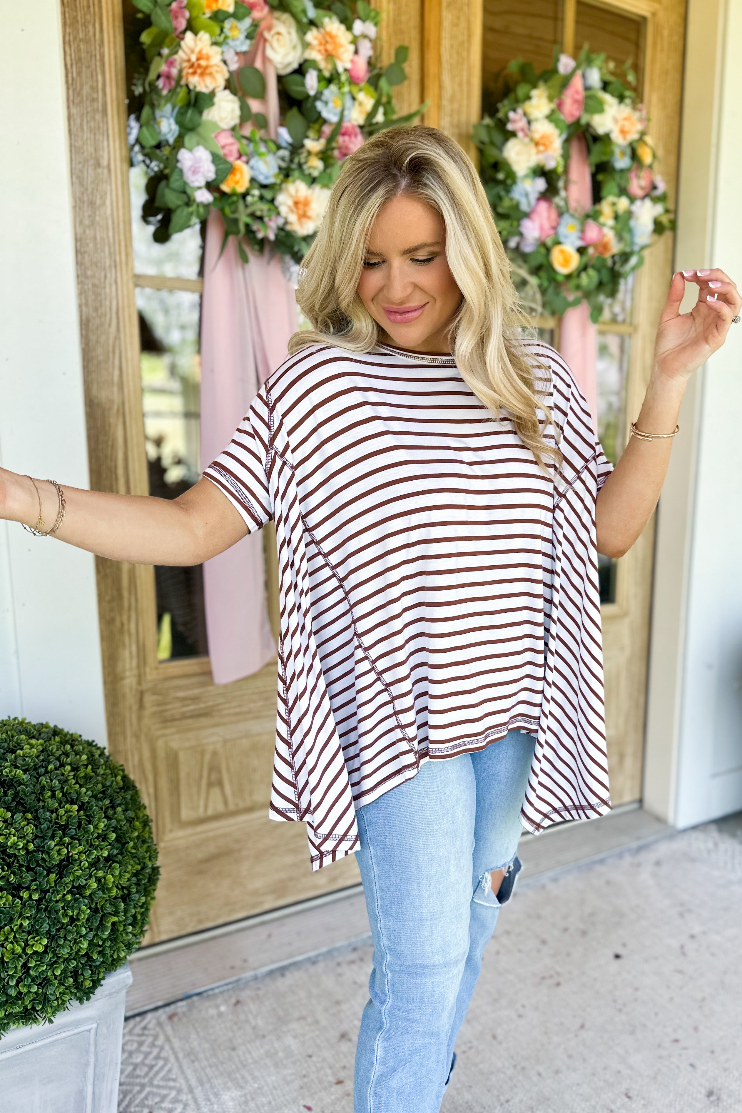 Nancy Stripe Print Round Neck Hi Lo Short Sleeve Top - Be You Boutique