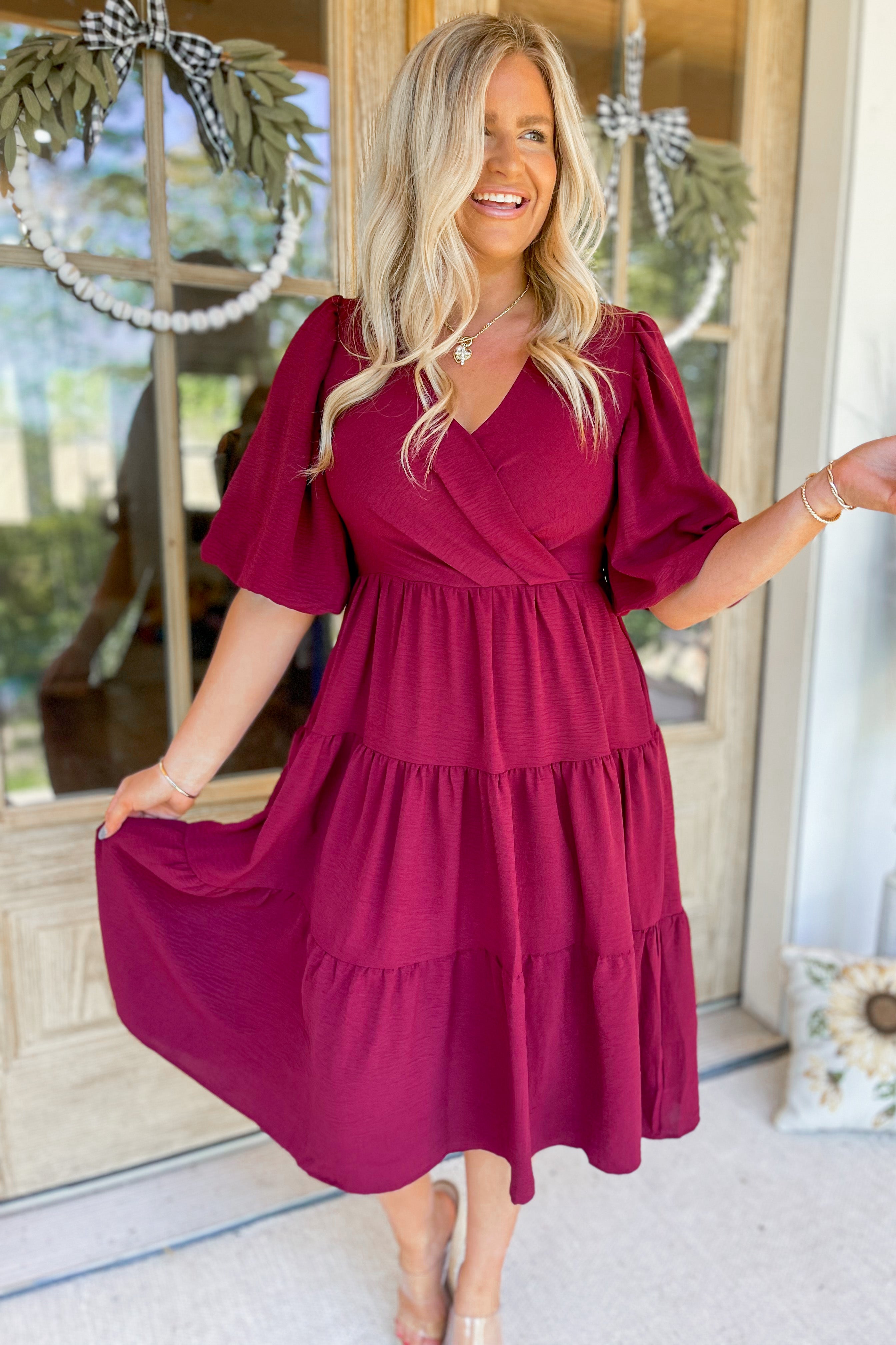 Beulah Balloon Sleeve Tiered Wrap Midi Dress - Be You Boutique