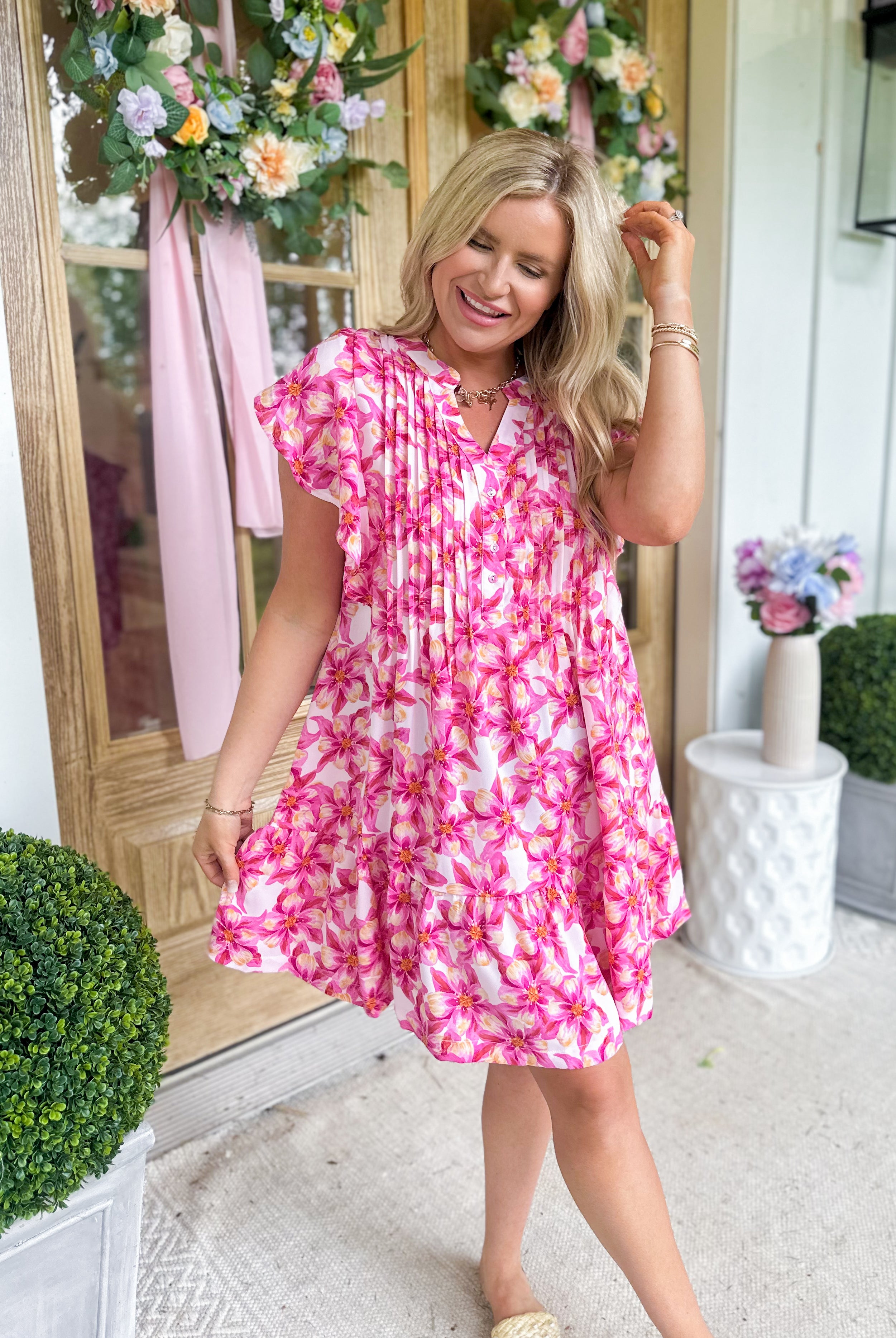 Hattie Ruffle Sleeve Floral Print Pintuck Dress - Be You Boutique