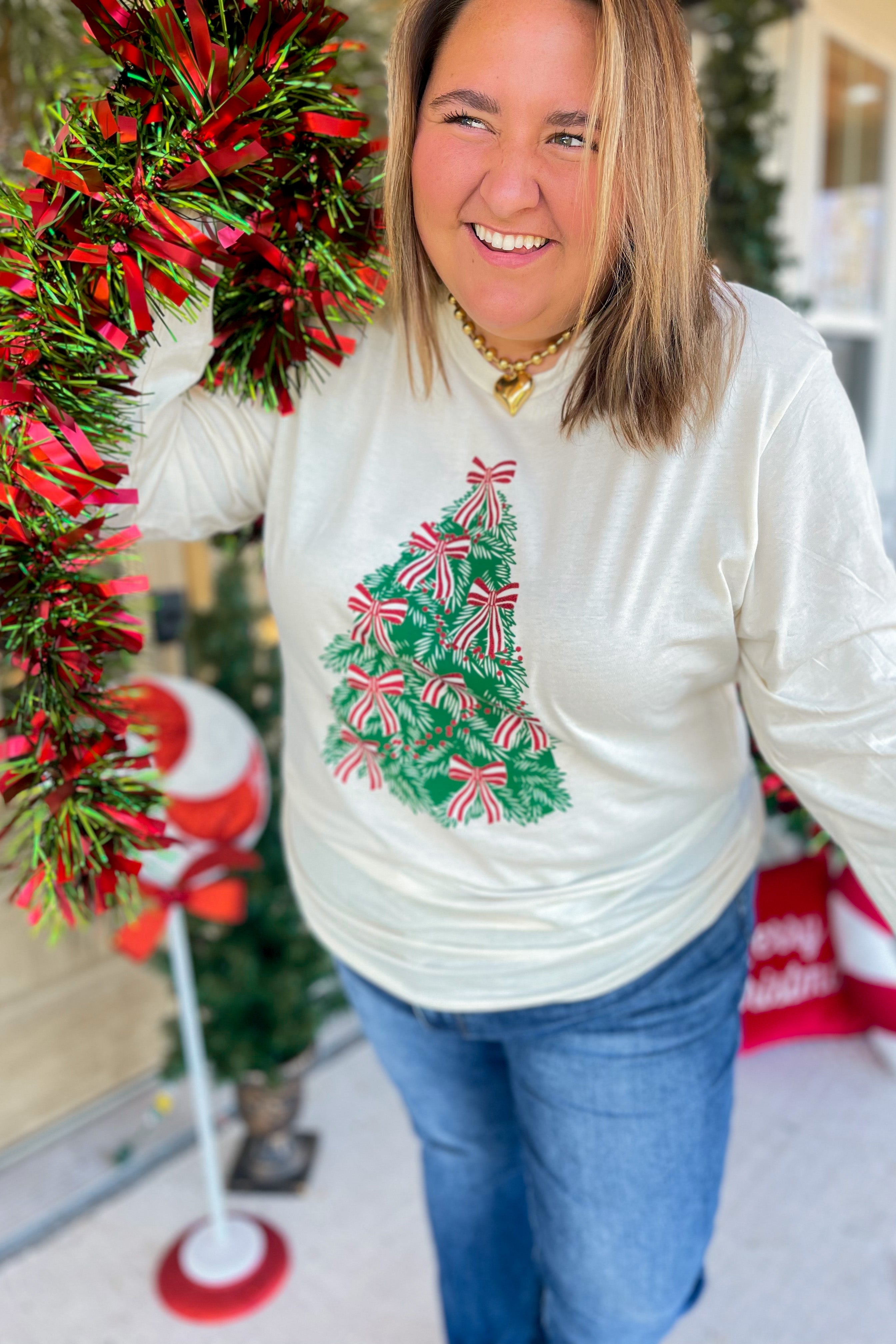 Christmas Tree Bow Long Sleeve Graphic Tee - Be You Boutique