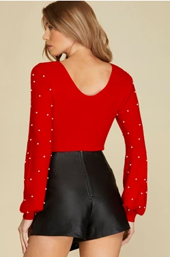 Chrissy Pearl Beaded Long Sleeve Sweater Bodysuit (4 colors) - Be You Boutique