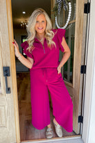 Gray Two Piece Textured Ruffle Sleeve Top and Wide Leg Pant Set - Be You Boutique