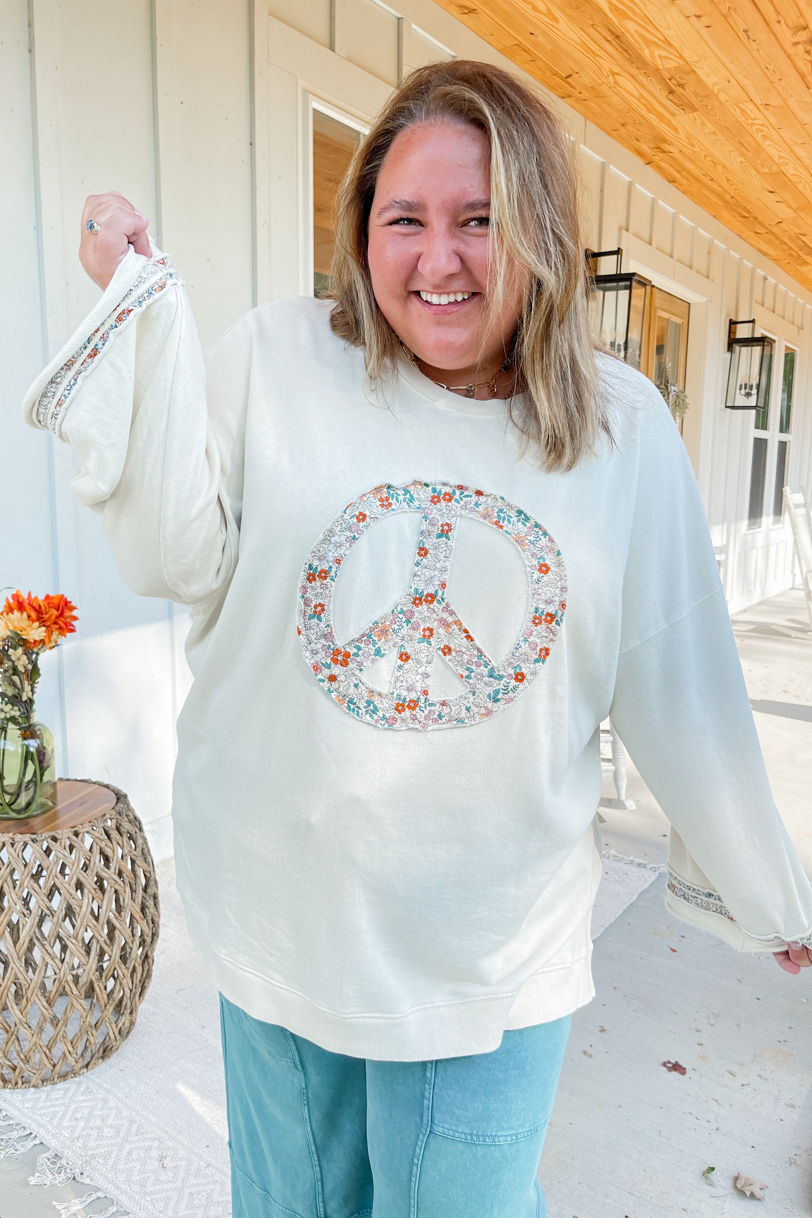 Jacob Washed Terry Floral Peace Sign 3/4 Sleeve Pullover Top - Be You Boutique