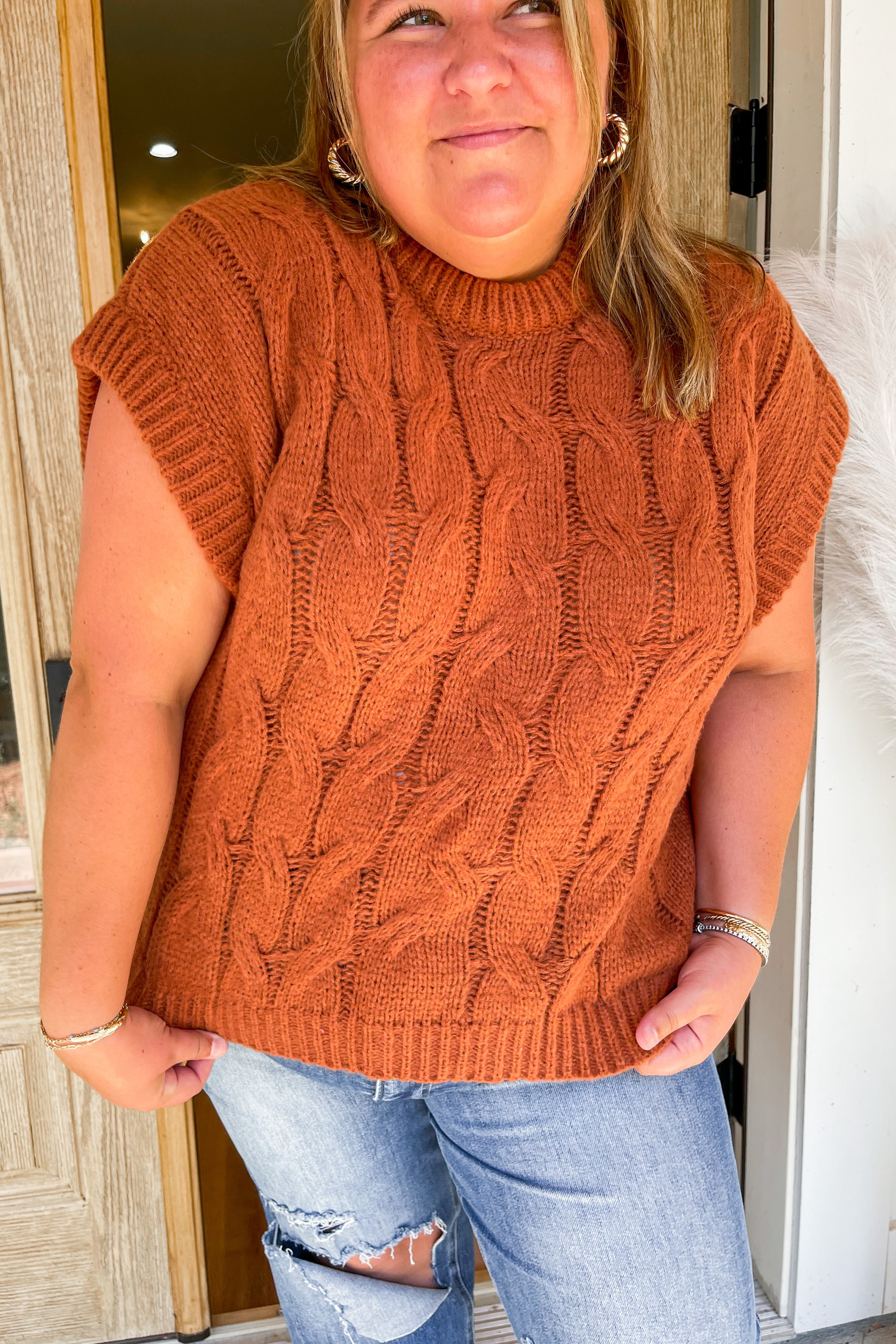 Brinley Short Sleeve Cable Knit Sweater Vest - Be You Boutique