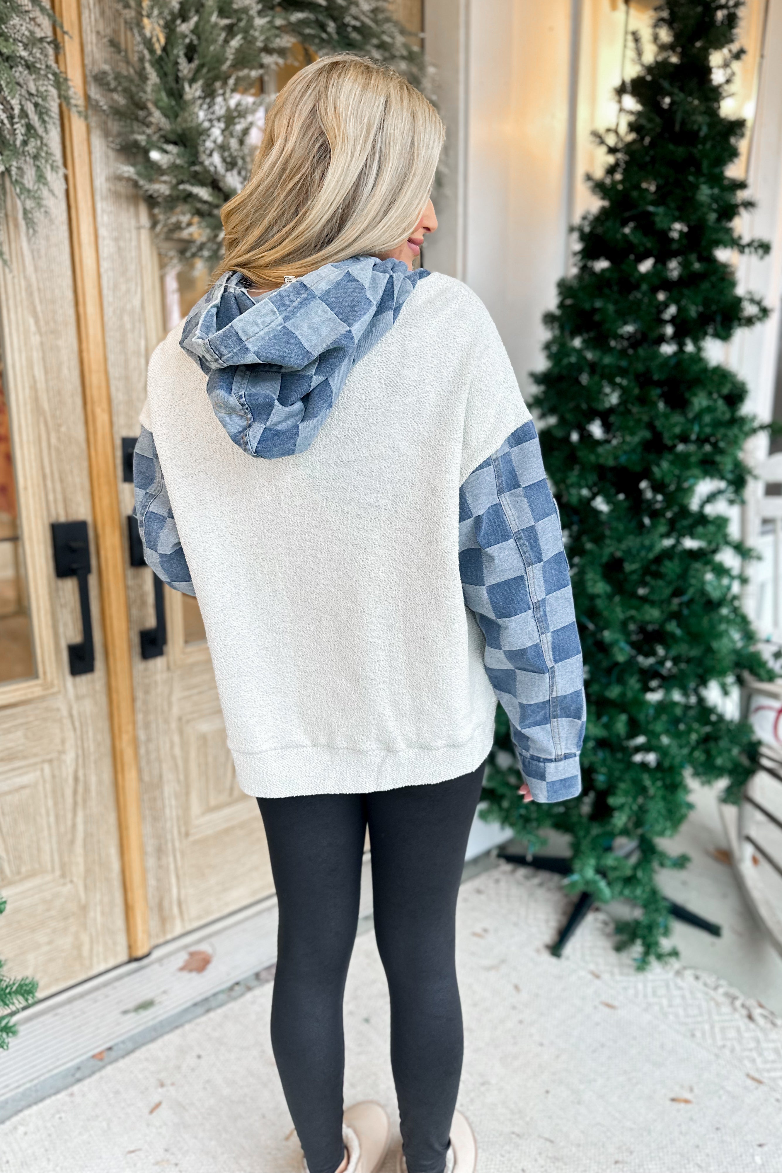 Terry Washed Checker Denim Hooded Pullover - Be You Boutique