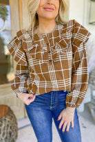 Geri Plaid Half Button Up Long Sleeve Ruffled Blouse Top - Be You Boutique