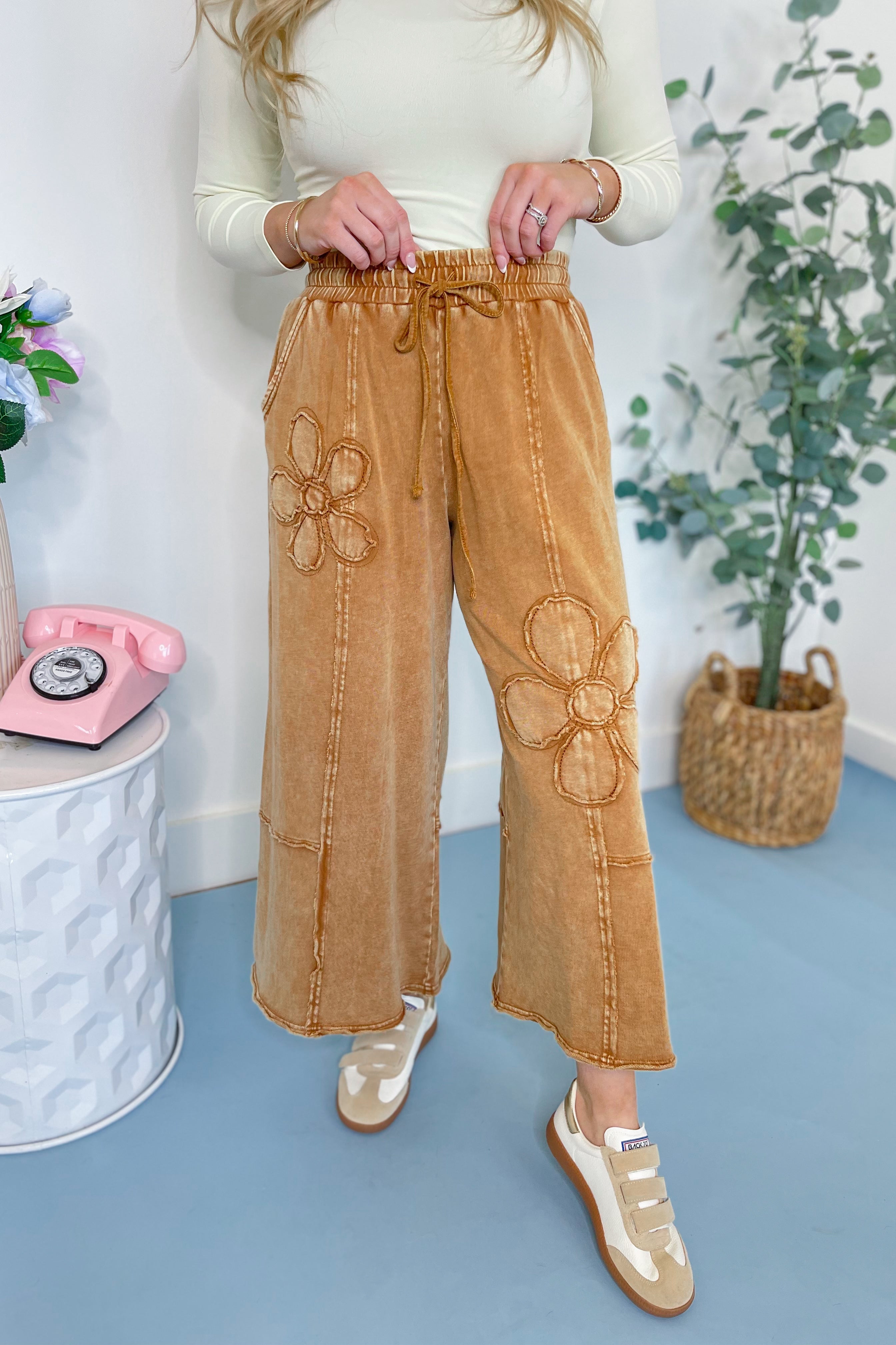 Laura Floral Detail Mineral Washed Terry Knit Wide Leg Pants - Be You Boutique