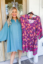 Erin 3/4 Sleeve Border Print Challis V Neck Dress - Be You Boutique