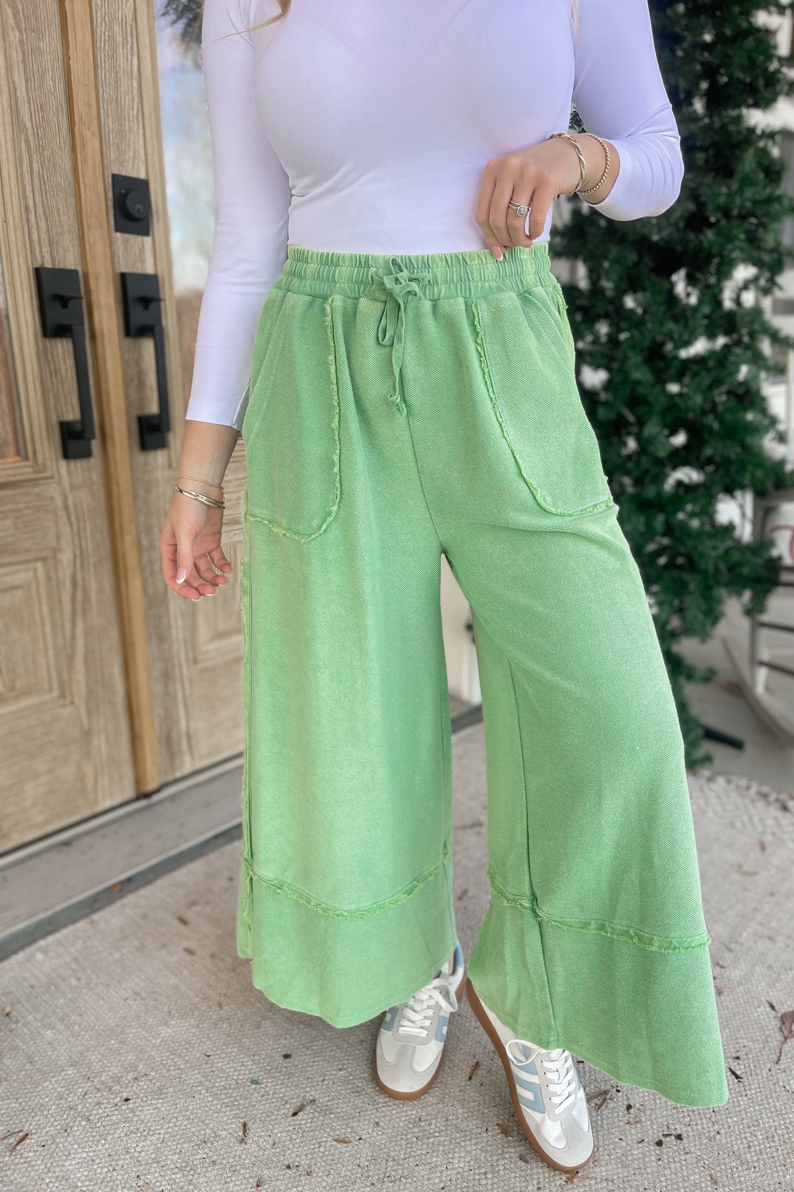 Caris Mineral Washed Upside Down Terry Knit Wide Leg Palazzo Pants - Be You Boutique