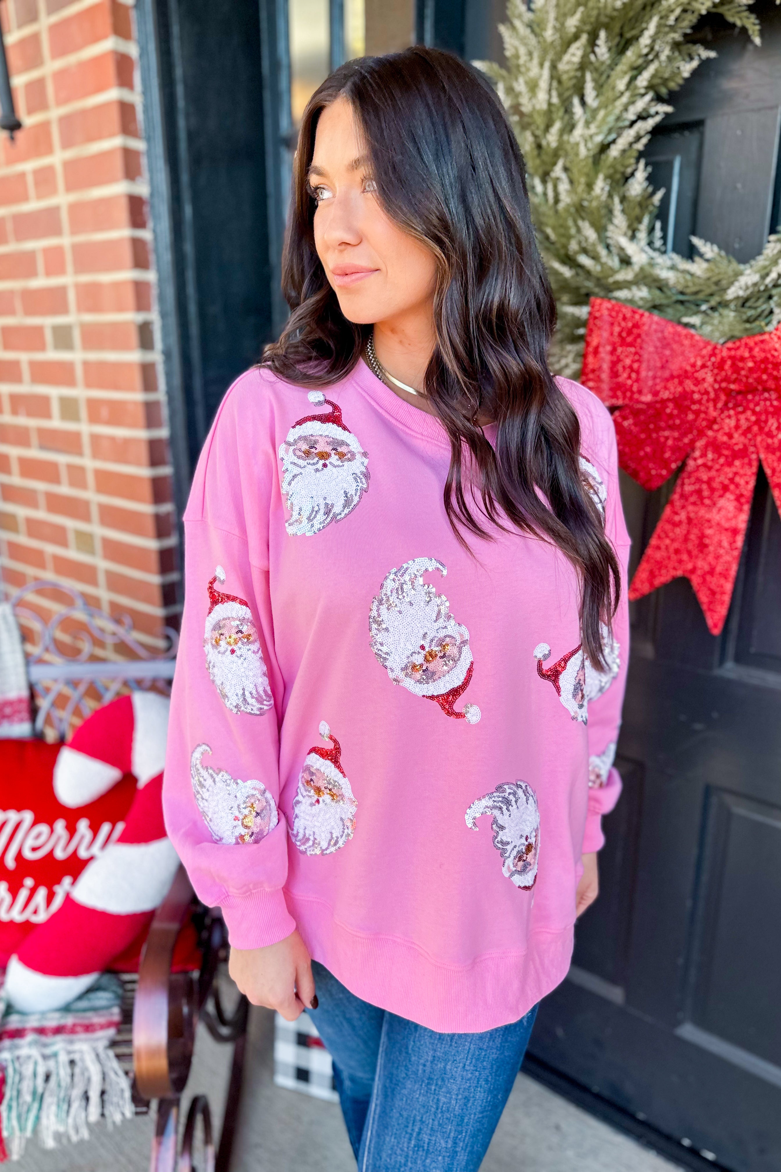 Santa Claus Sequin French Terry Long Sleeve Pull Over - Be You Boutique