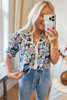 Navy Floral Print Puff Sleeve Ric Rac Trim Top - Be You Boutique