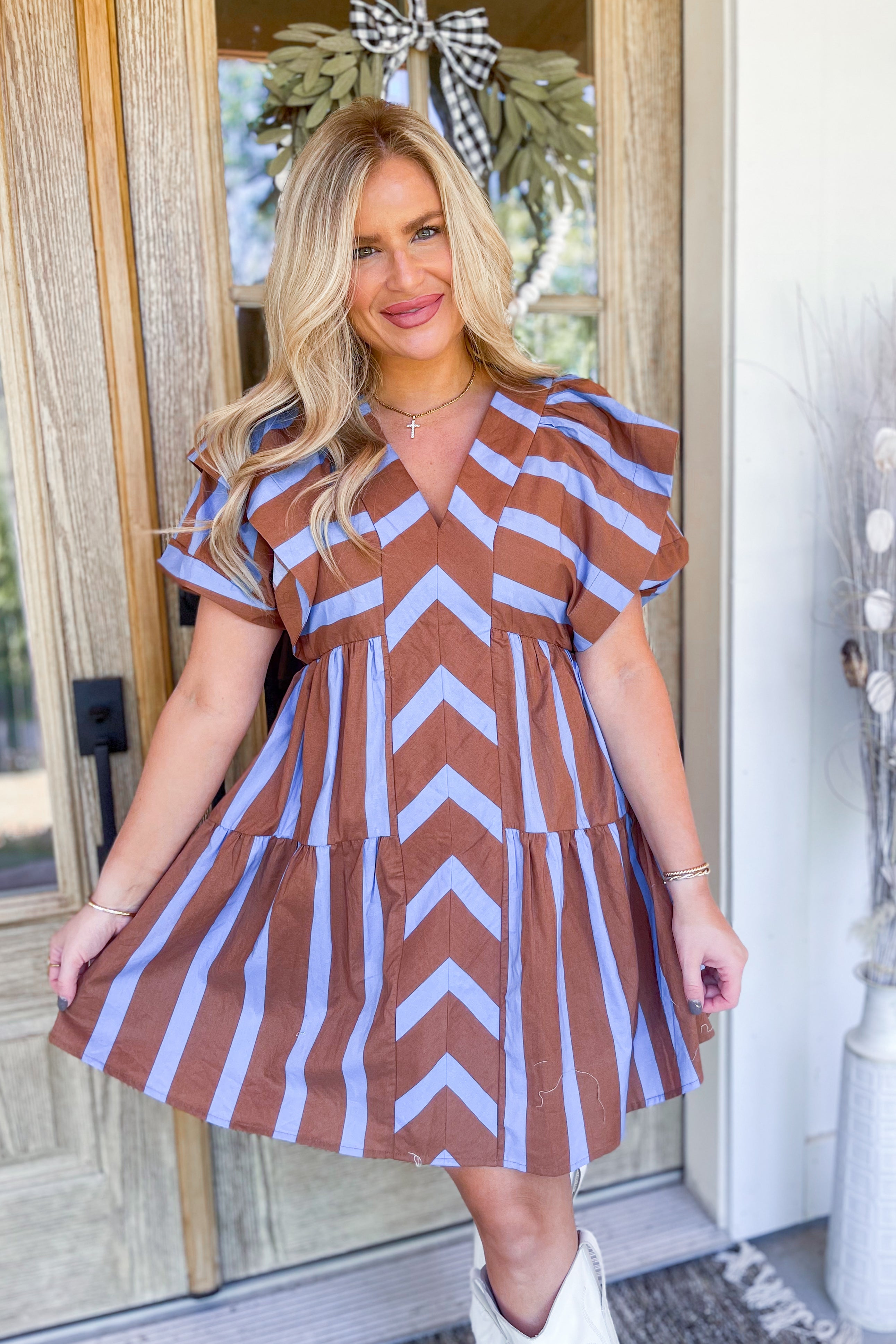 Emma Mixed Line V Neck Flutter Sleeve Dress - Be You Boutique