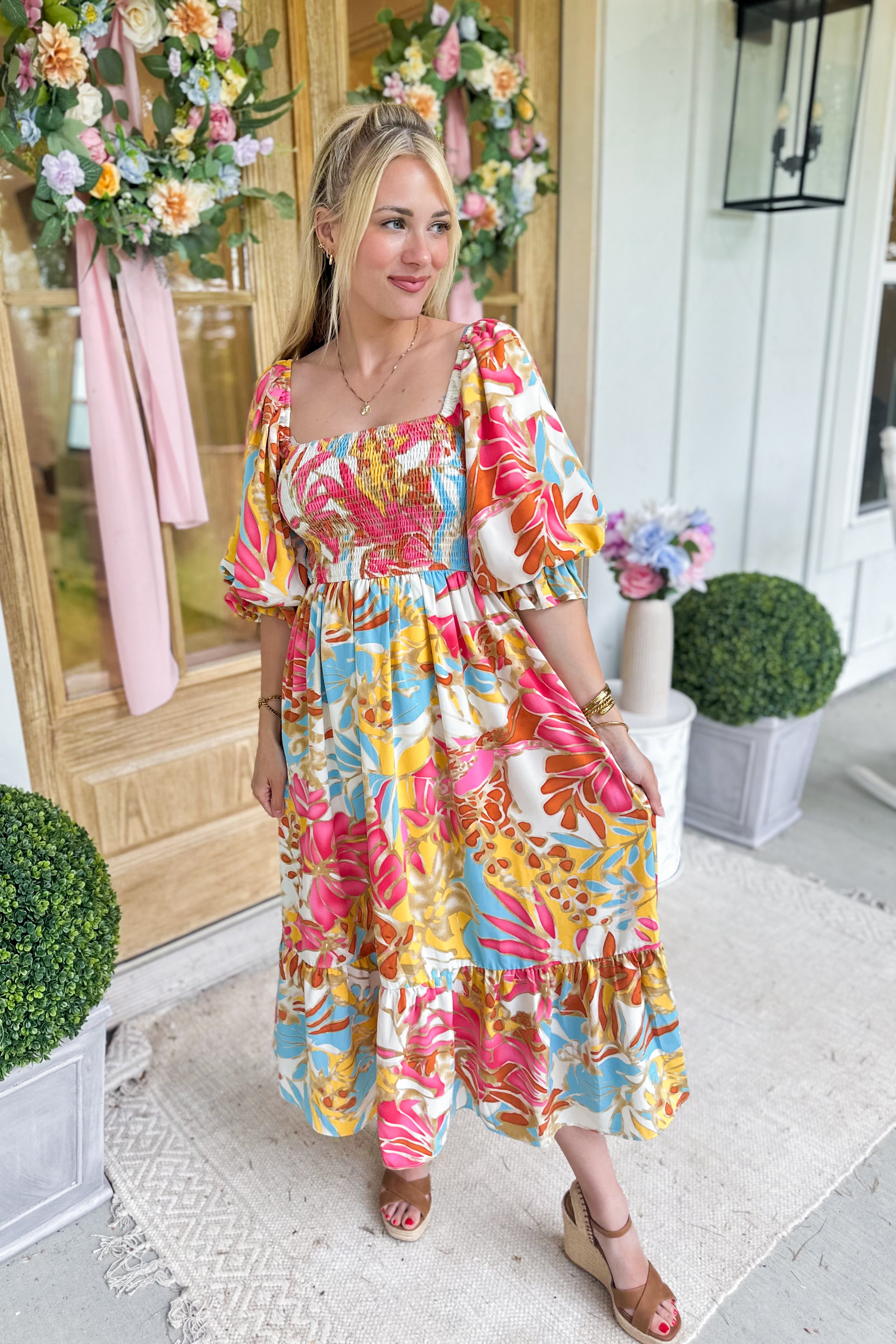 Adelaide Square Neck Half Puff Sleeve Tropical Midi Dress - Be You Boutique