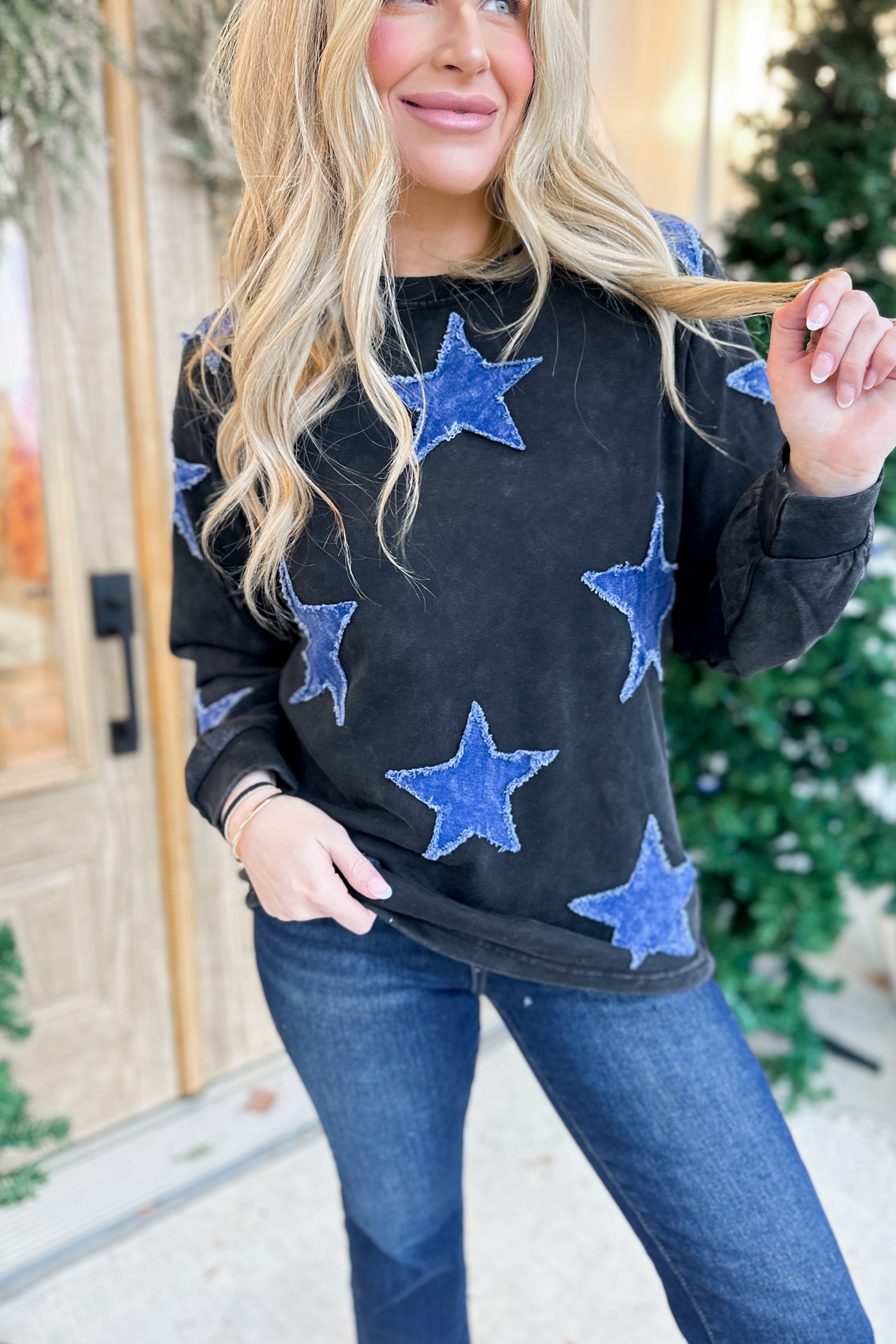 Stargazer Star Patchwork Long Sleeve Pullover - Be You Boutique