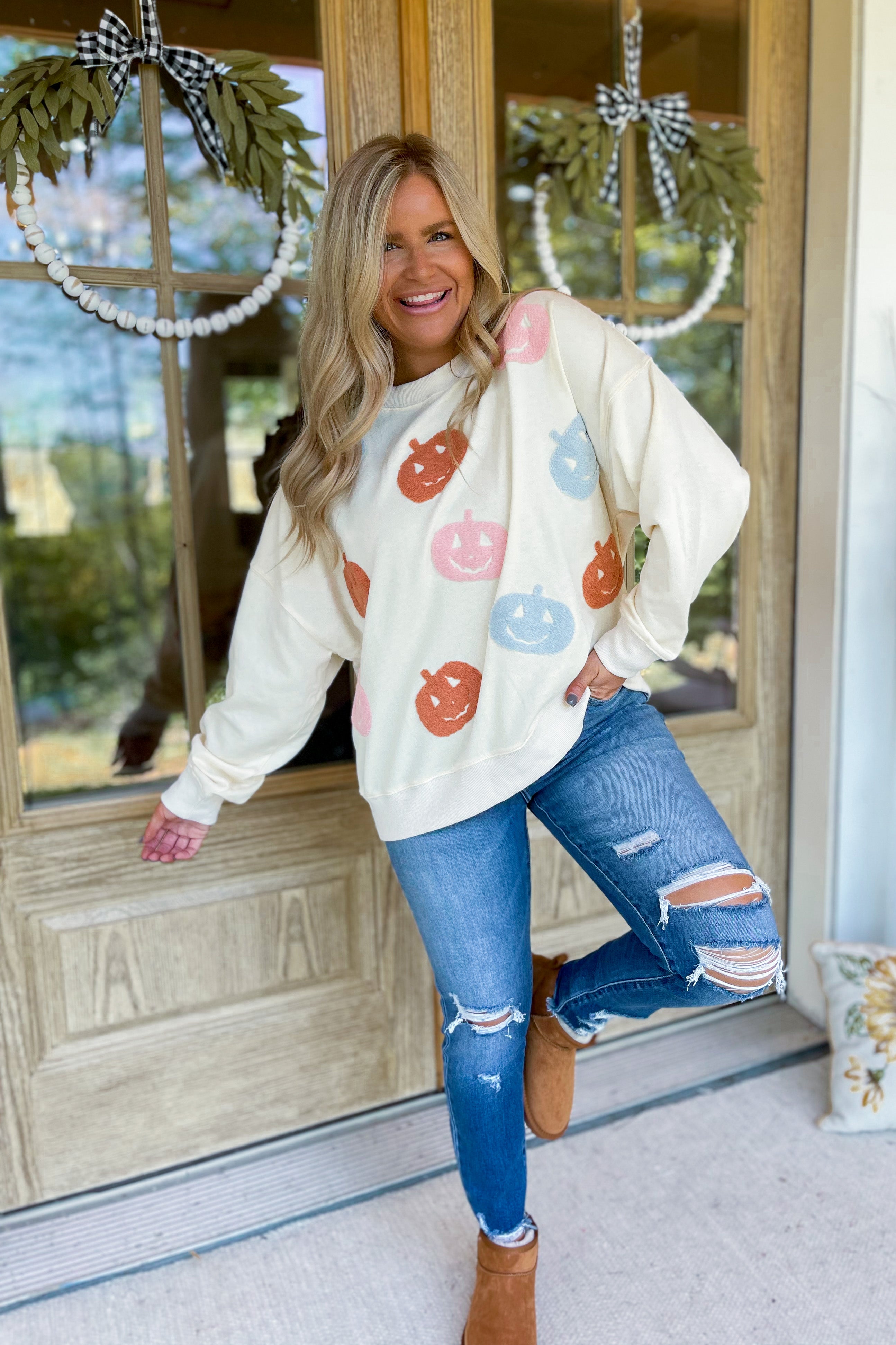 Halloween Pumpkin Embroidery Long Sleeve Sweatshirt - Be You Boutique