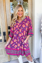 Erin 3/4 Sleeve Border Print Challis V Neck Dress - Be You Boutique