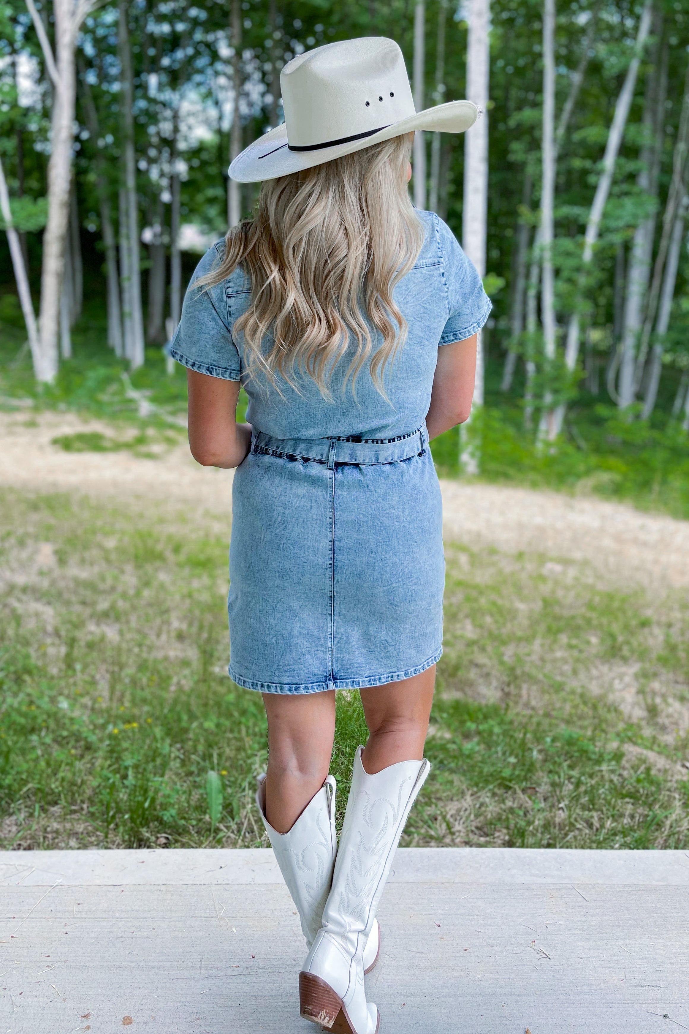 Lucille Denim V Neck Short Sleeve Collared Dress - Be You Boutique