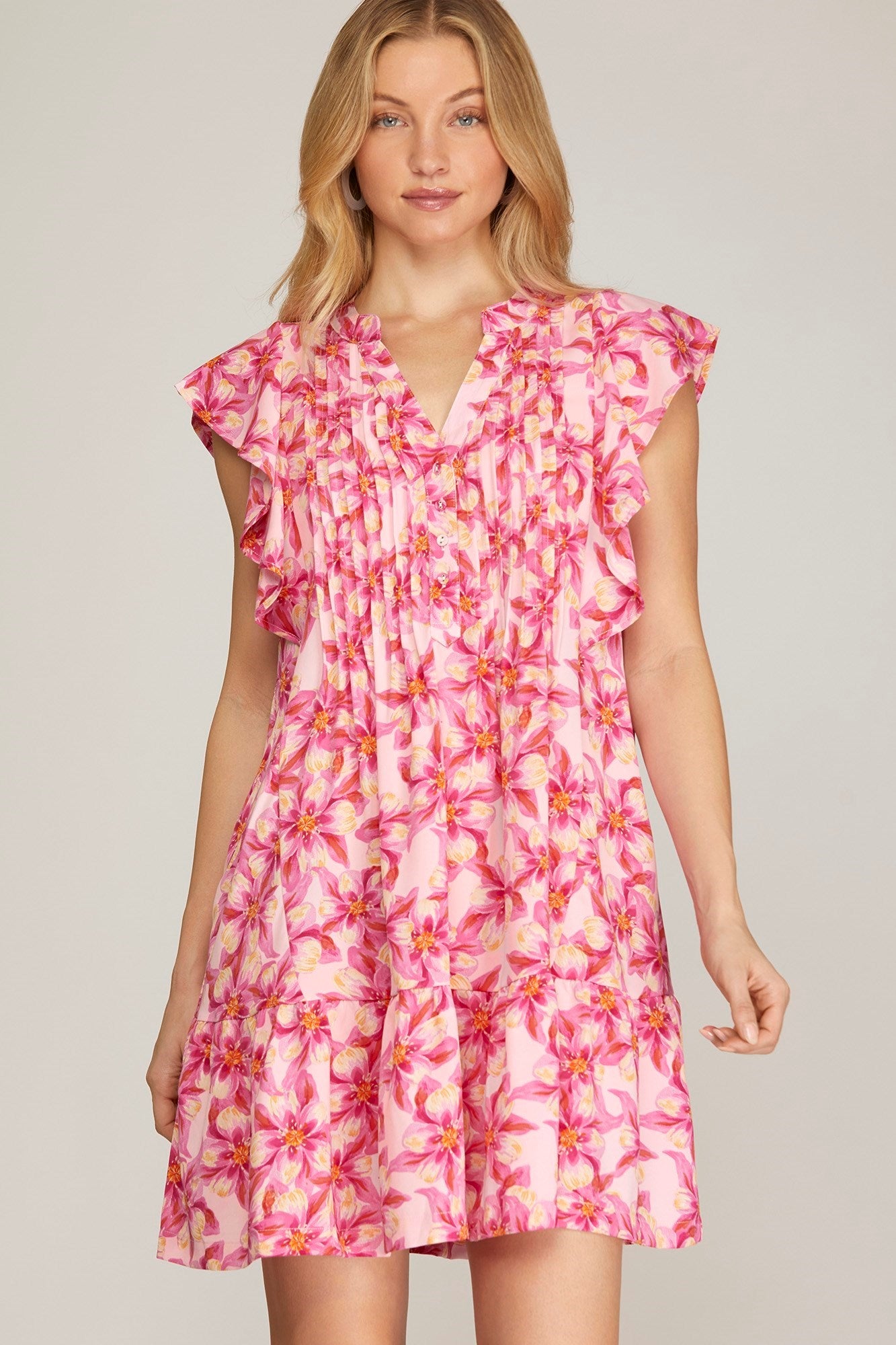 Hattie Ruffle Sleeve Floral Print Pintuck Dress - Be You Boutique