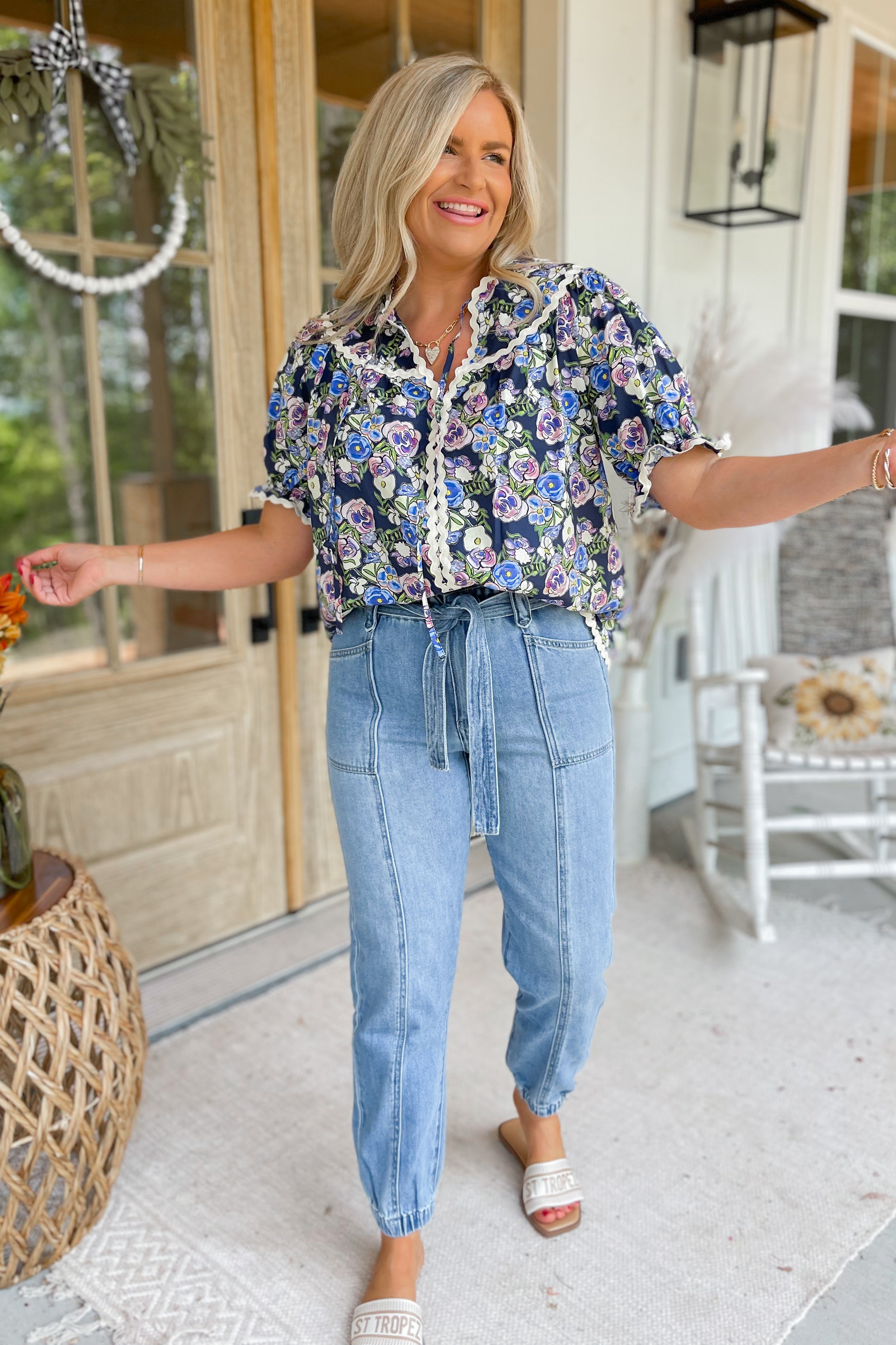 Navy Floral Print Puff Sleeve Ric Rac Trim Top - Be You Boutique