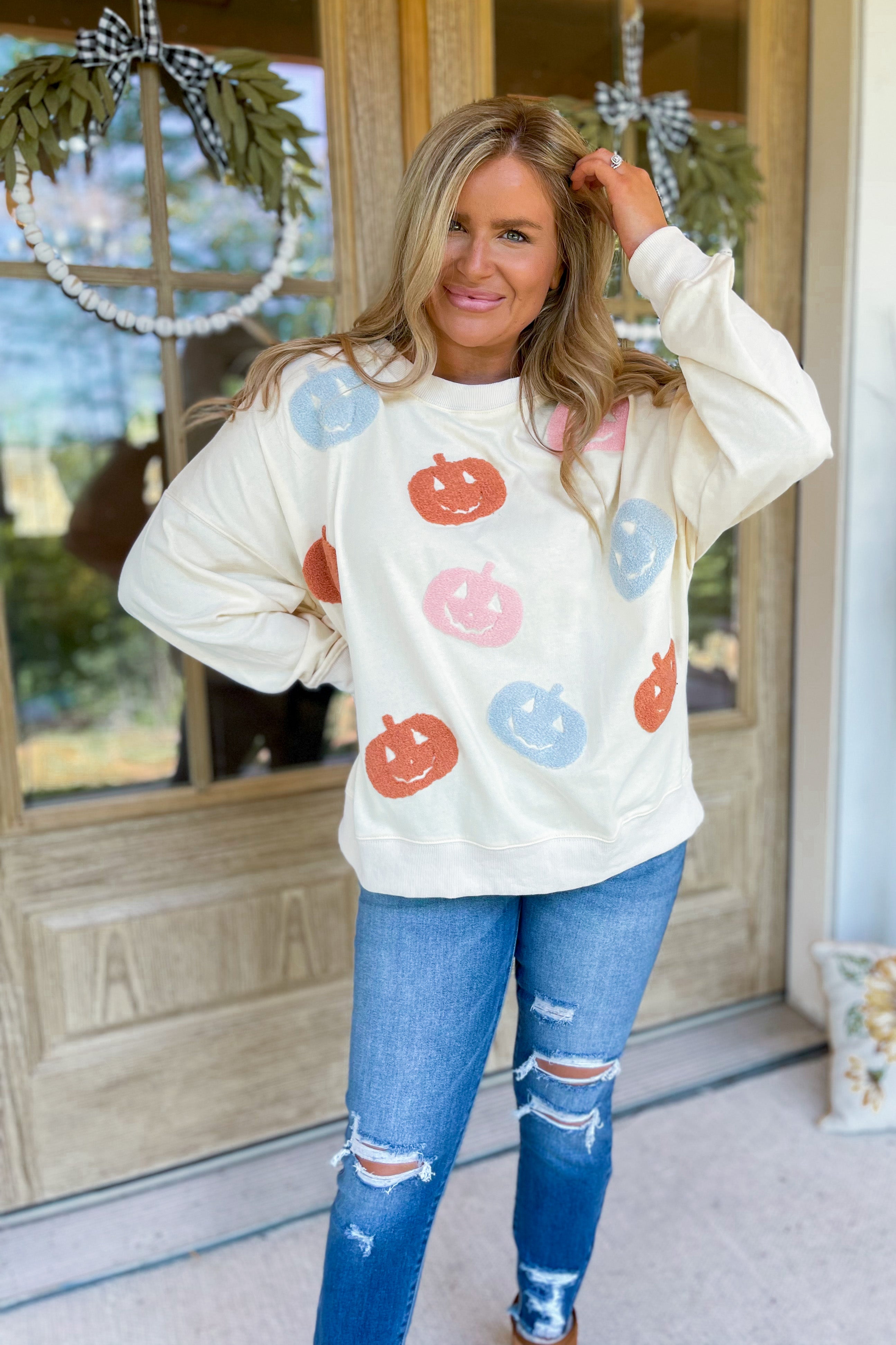 Halloween Pumpkin Embroidery Long Sleeve Sweatshirt - Be You Boutique