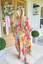 Adelaide Square Neck Half Puff Sleeve Tropical Midi Dress - Be You Boutique