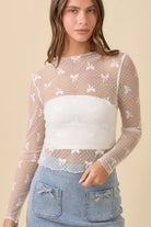 Taylor Ribbon Bow Mesh Long Sleeve Top - White - Be You Boutique