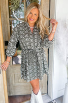 Maggie Printed 3/4 Sleeve V Neck Button Up Dress - Be You Boutique