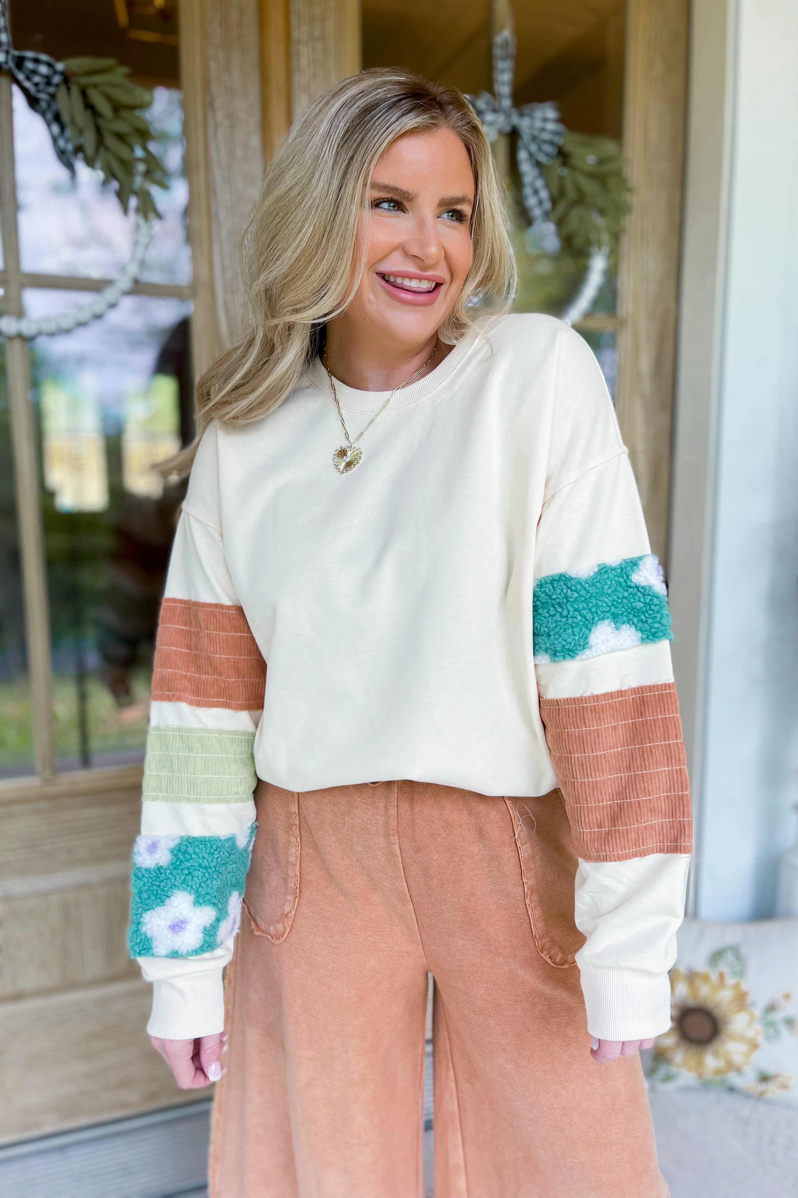 Lizzy Mixed Print Long Sleeve Terry Knit Pullover - Be You Boutique