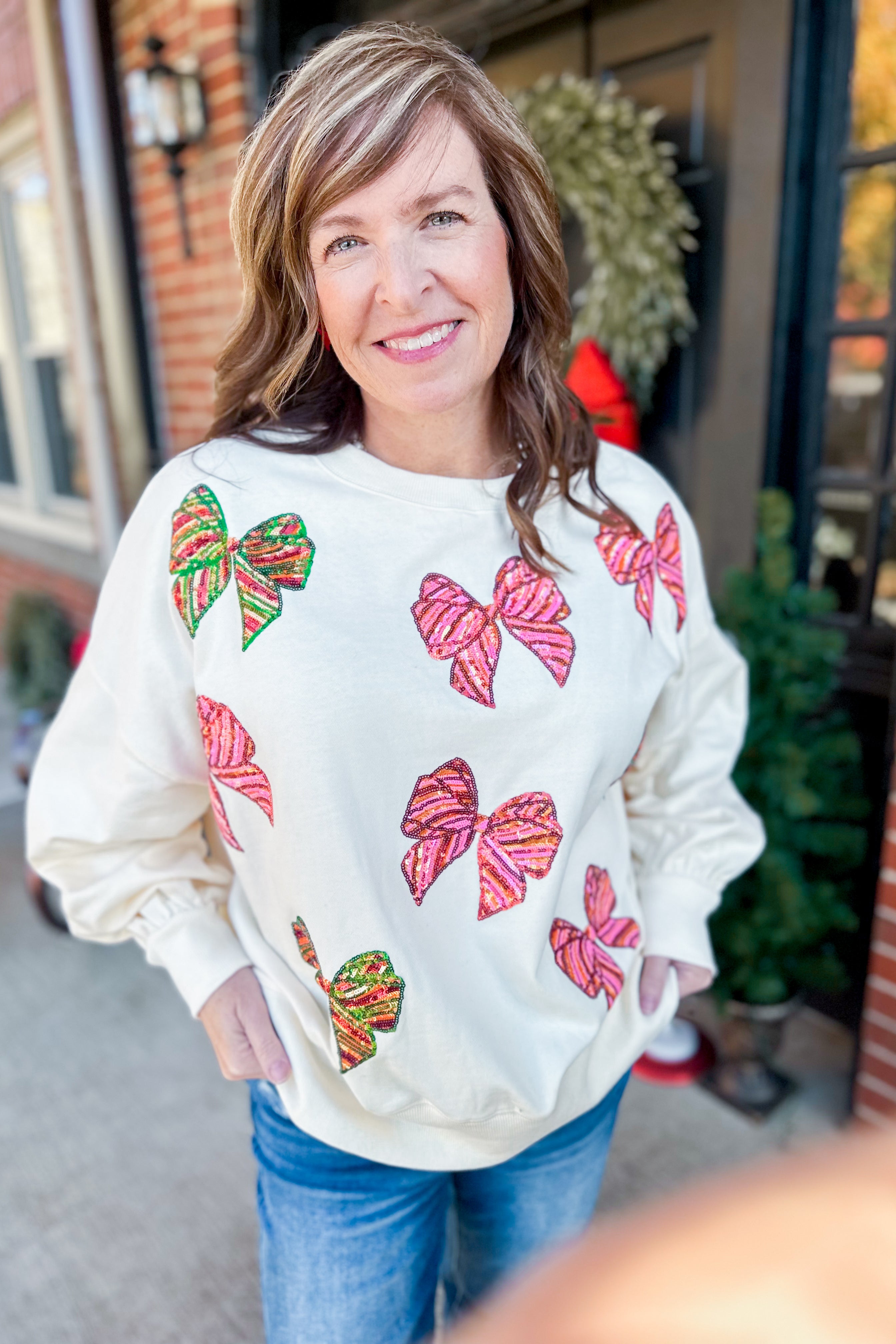 Christmas Sequin Bow Embroidered Oversize Sweatshirt - Be You Boutique