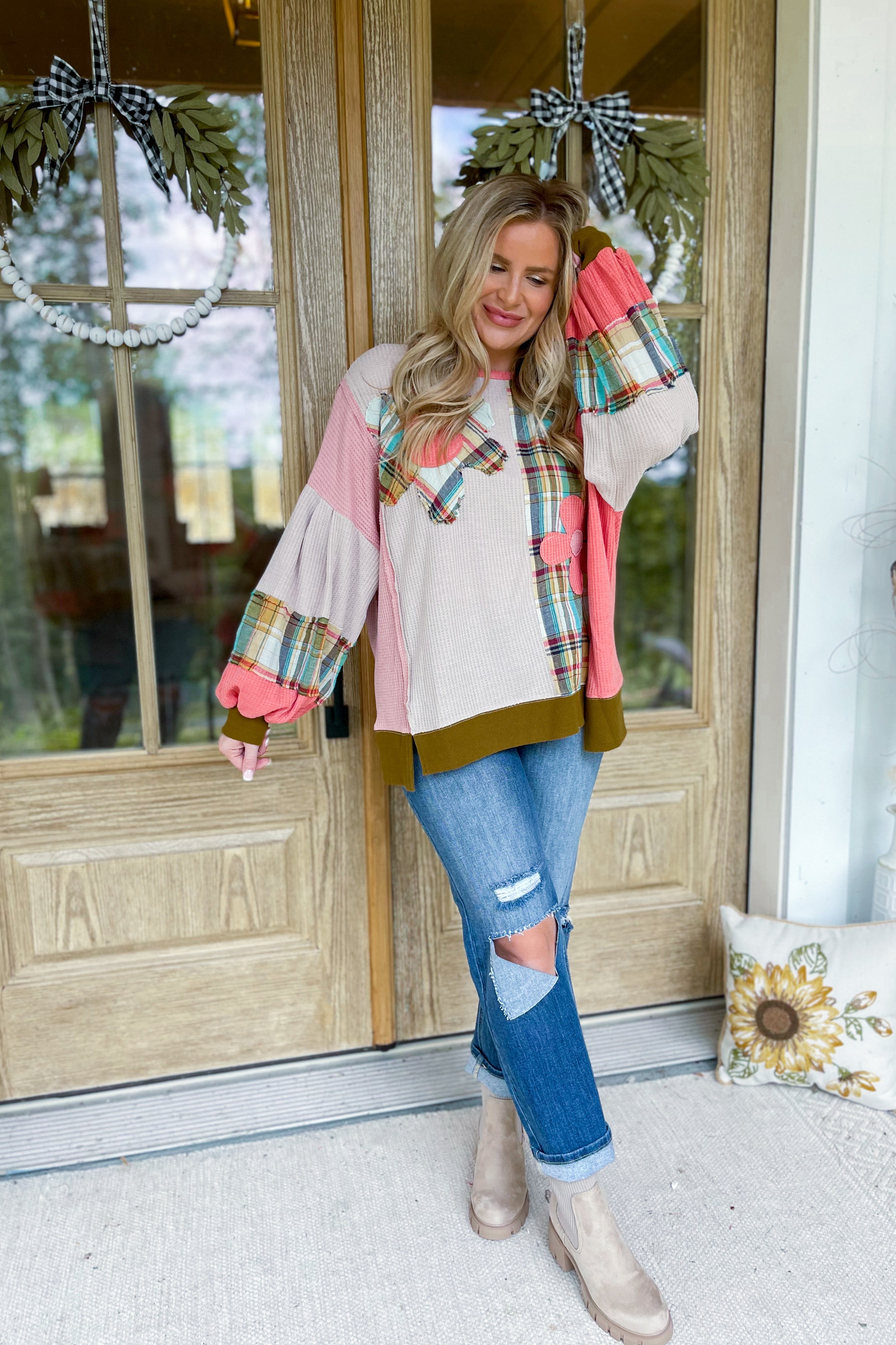 Ed Long Sleeve Mix Plaid Daisy Patch Oversized Knit Top - Be You Boutique