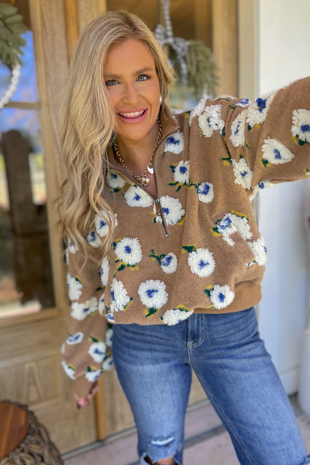 Renae Floral Print Half Zip Long Sleeve Sweater Top - Be You Boutique