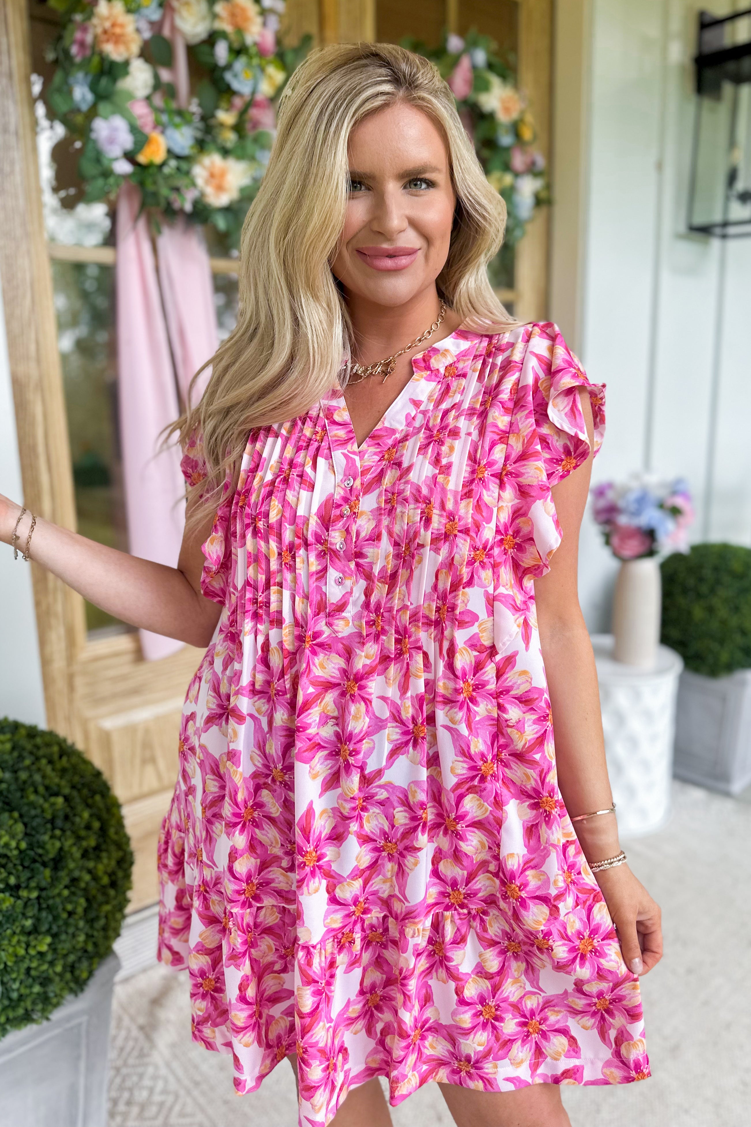 Hattie Ruffle Sleeve Floral Print Pintuck Dress - Be You Boutique