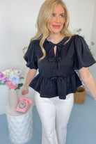 Charlie Short Puff Sleeve Bow Detail Peplum Top - Be You Boutique