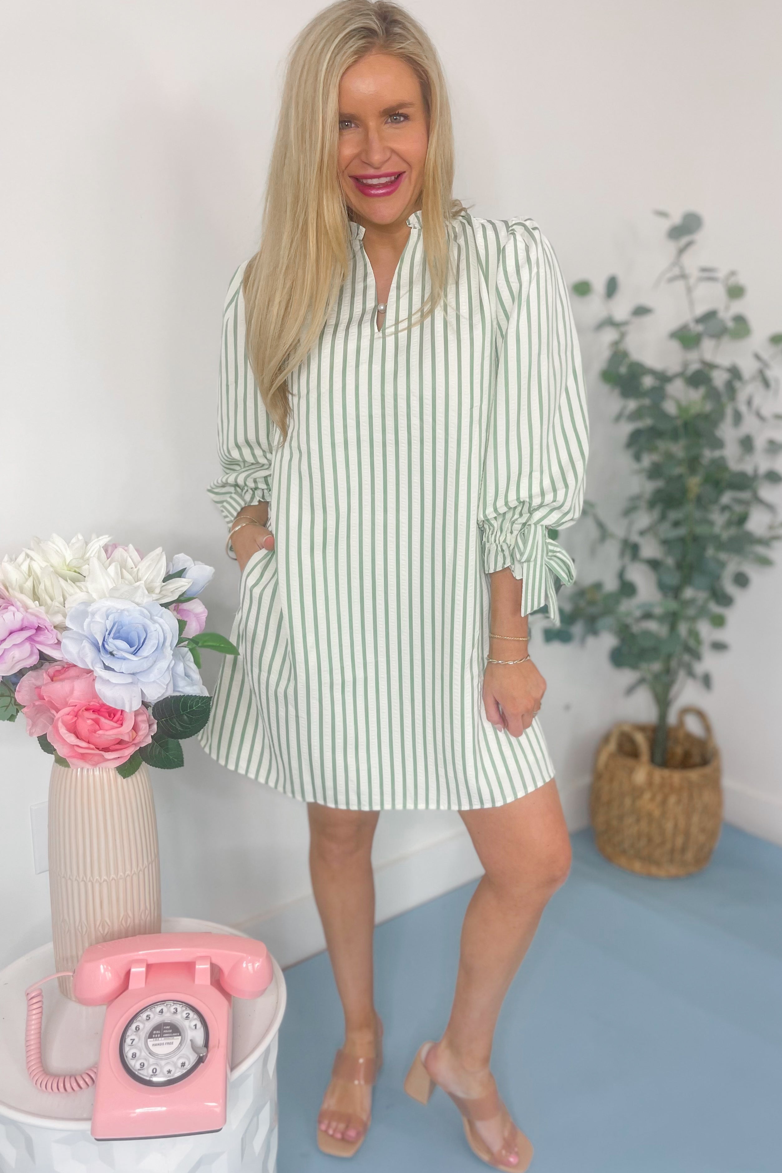 Samme Striped Ruffle V-Neck Dress - Be You Boutique