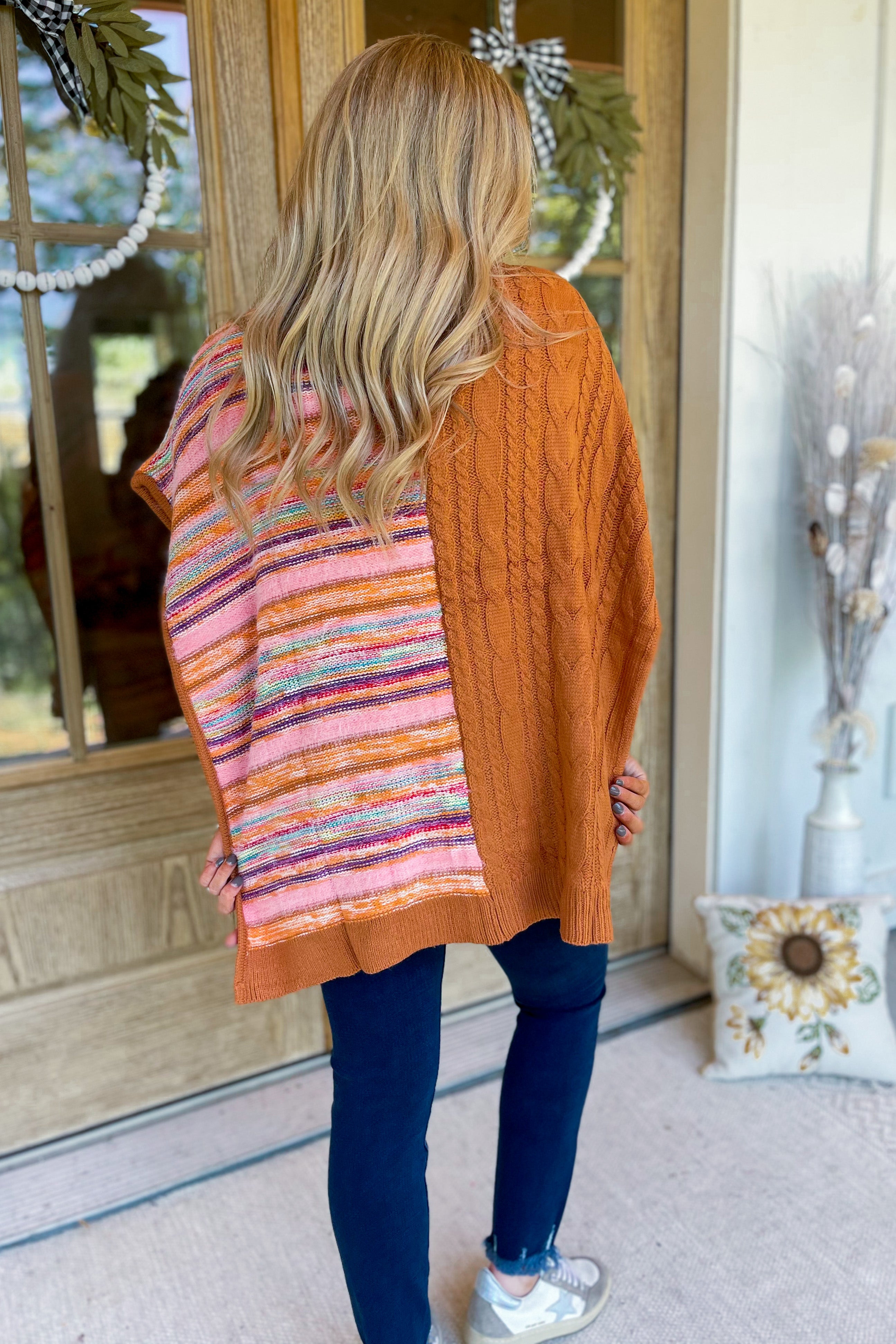 Karen Mixed Texture Multi Stripe Cable Knit Cape Pullover - Be You Boutique